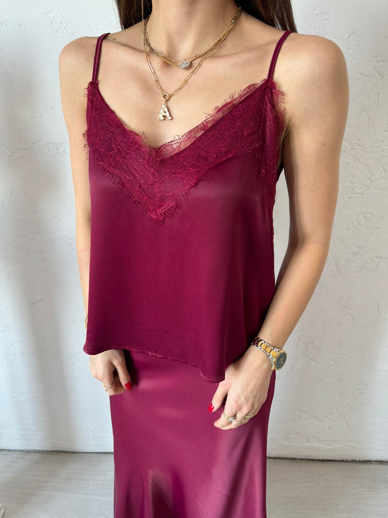 Cherry Dantelli Saten Bluz