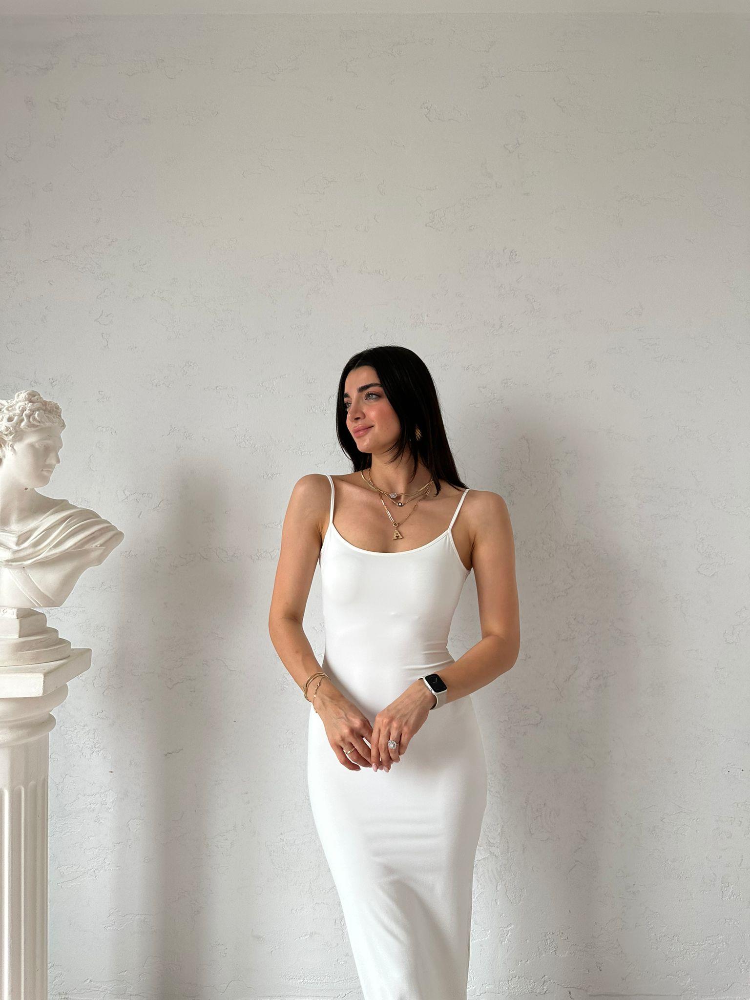 Ekru Askılı Likralı Elbise