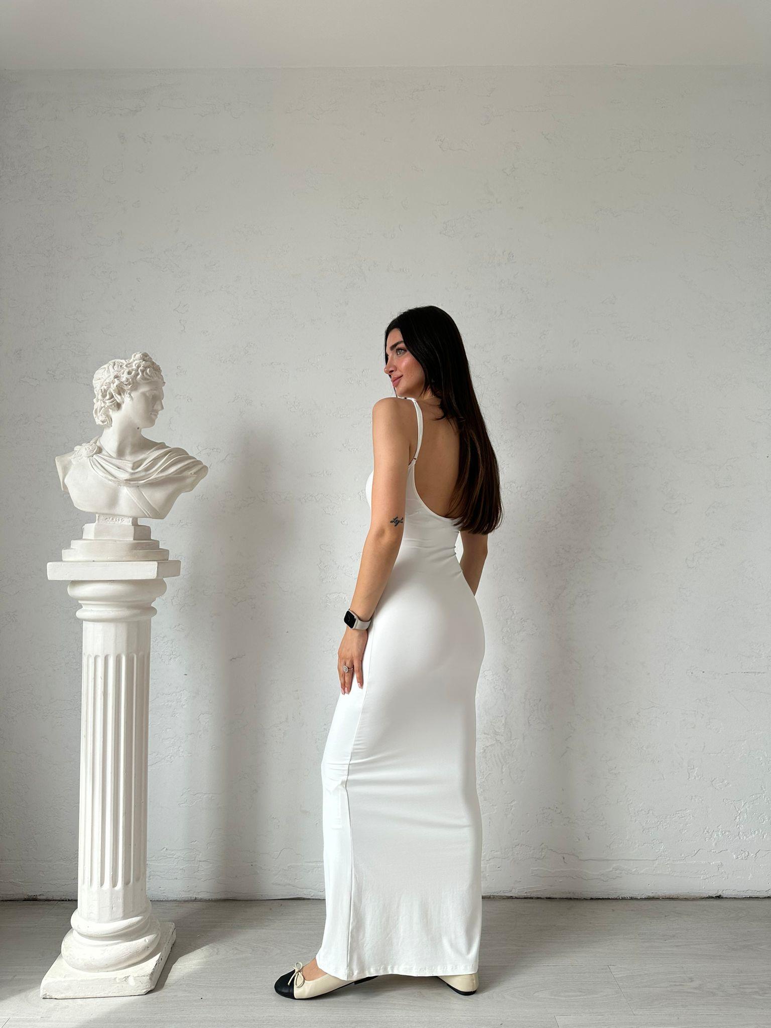 Ekru Askılı Likralı Elbise