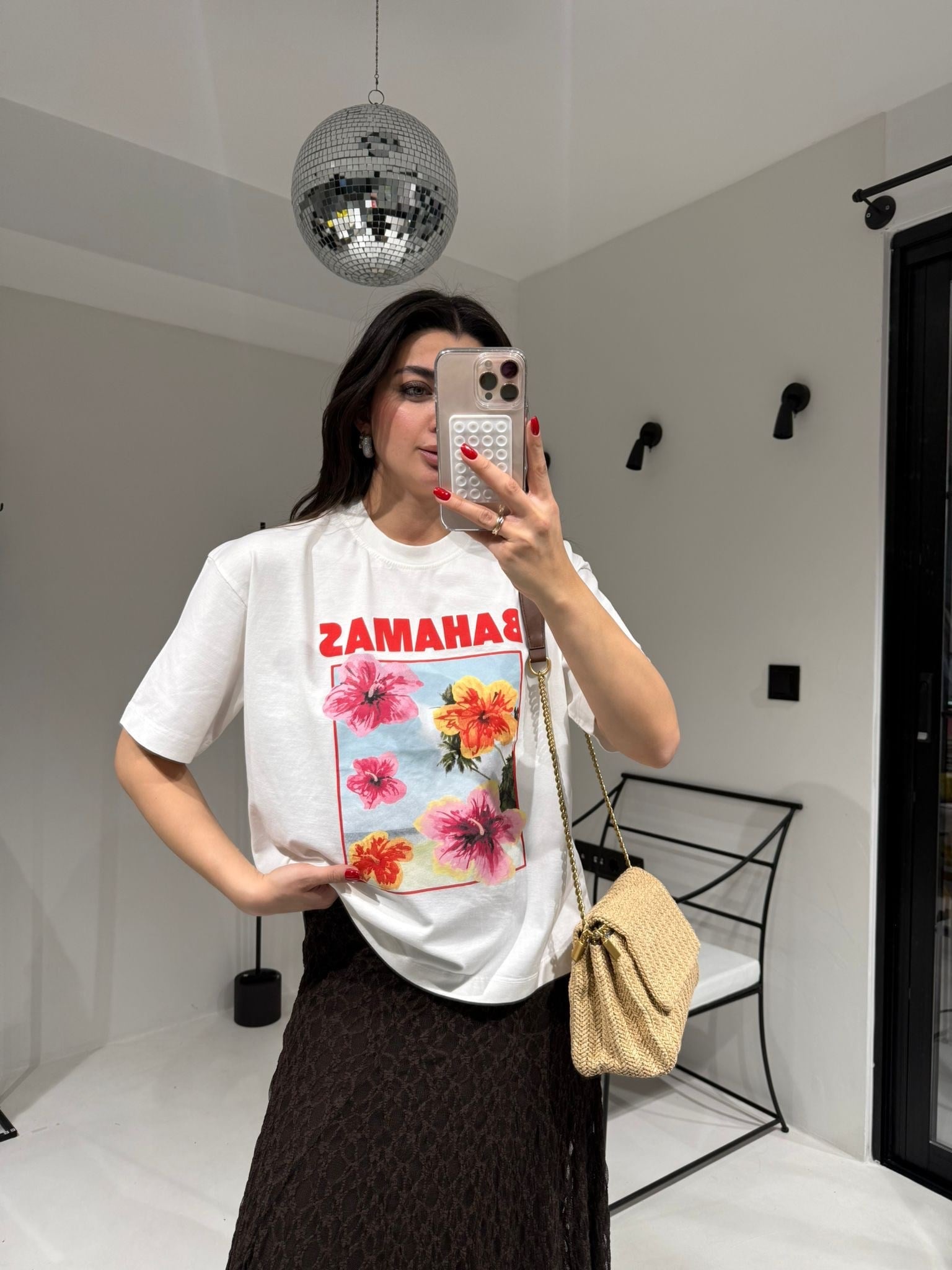 Ekru Bahamas Baskılı Oversize Tişört