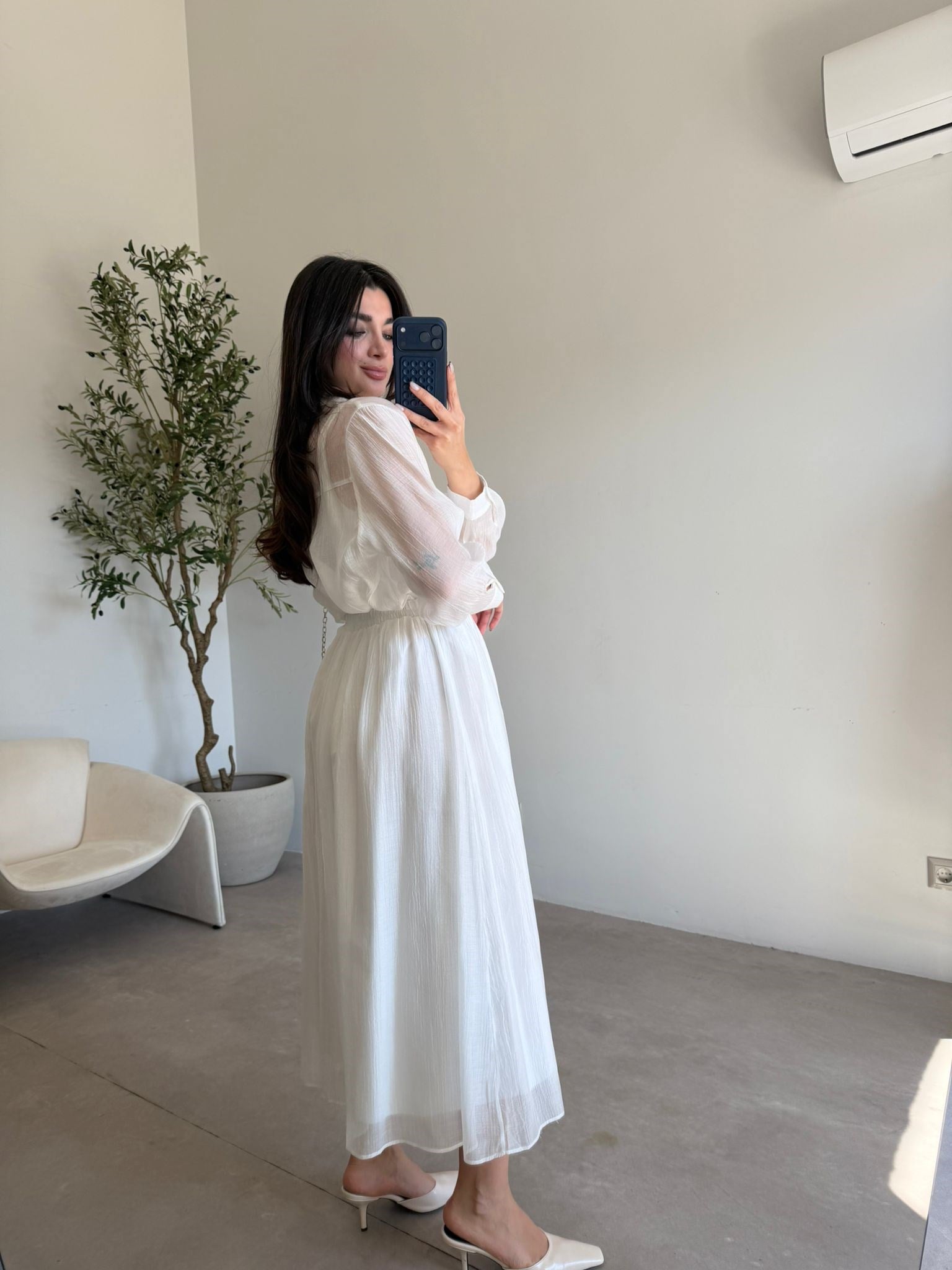 Ekru Beli Lastikli Astarlı Etek Gömlek Takım 