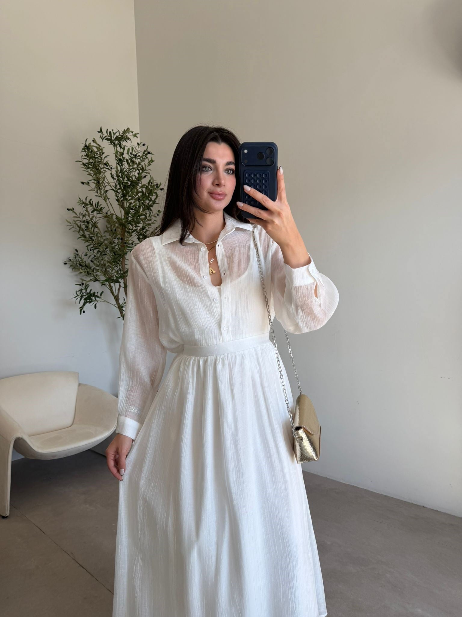 Ekru Beli Lastikli Astarlı Etek Gömlek Takım 