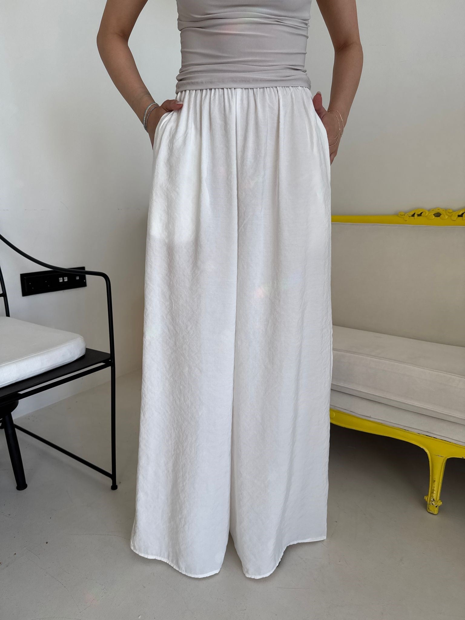 Ekru Beli Lastikli Tensel Pantolon