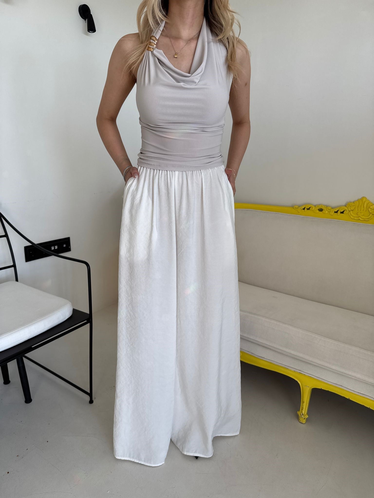 Ekru Beli Lastikli Tensel Pantolon