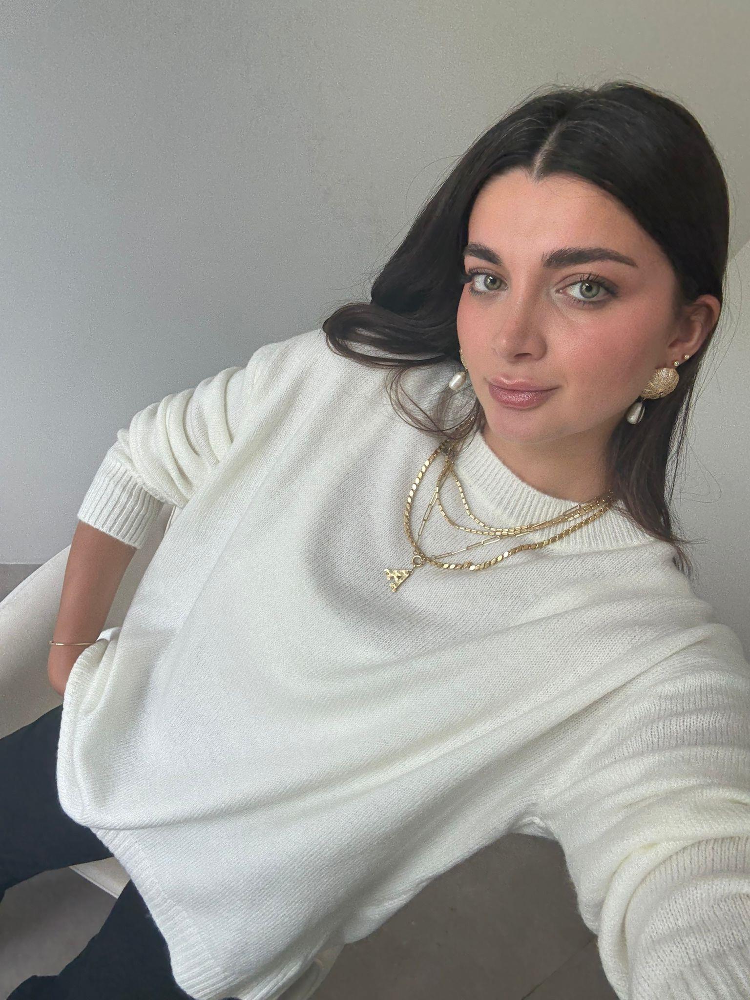 Ekru Bisiklet Yaka Oversize Kazak