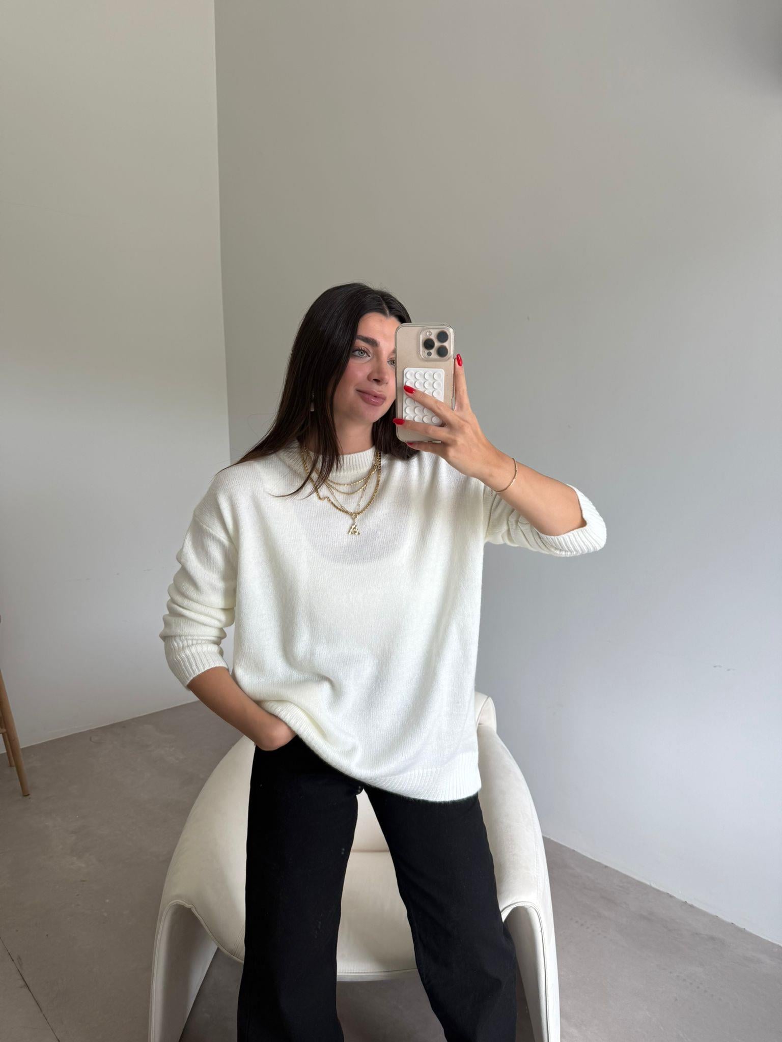 Ekru Bisiklet Yaka Oversize Kazak
