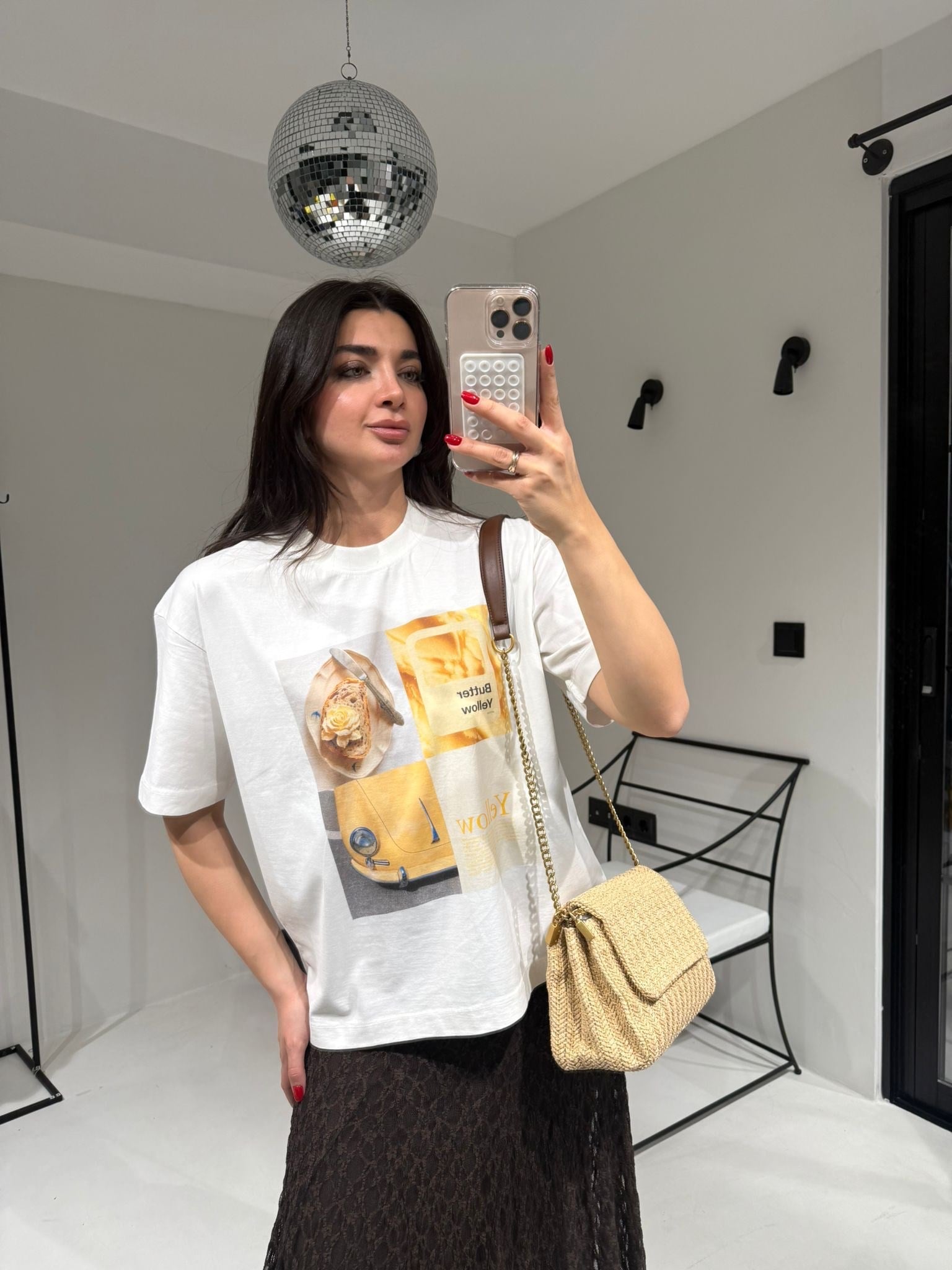 Ekru Butter Yellow baskılı Oversize Tişört
