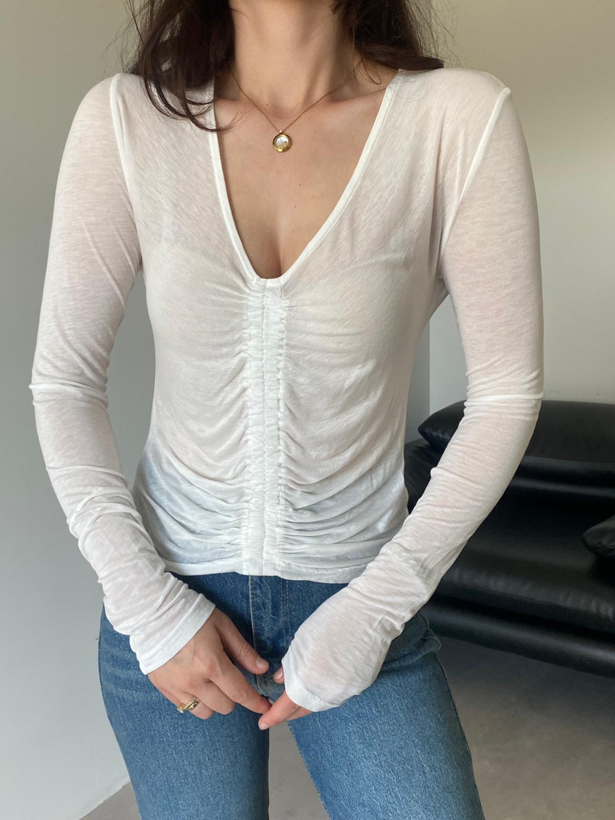 Ekru Büzgülü Transparan Bluz