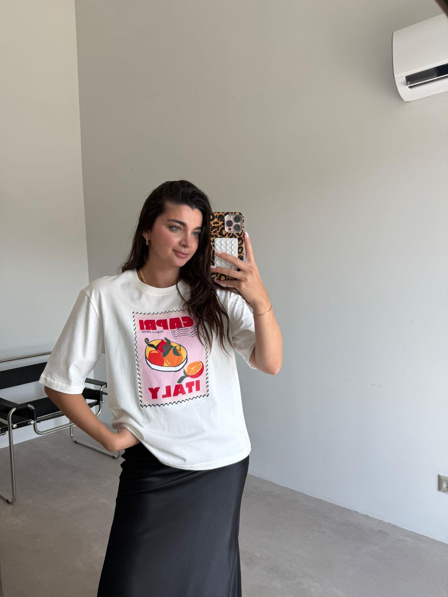 Ekru Capri İtaly Baskılı Tişört