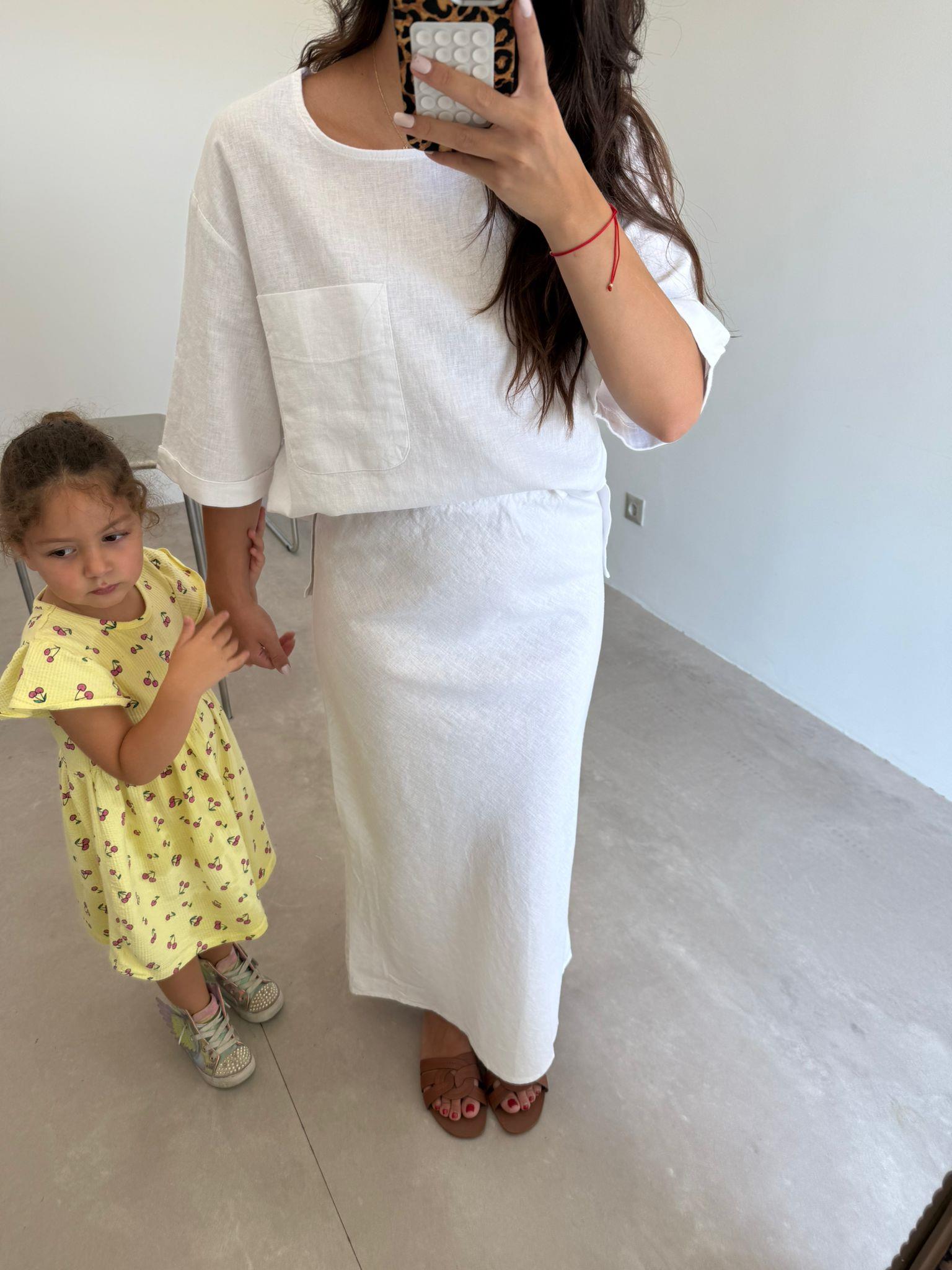 Ekru Cep Detaylı Etekli Keten Takım