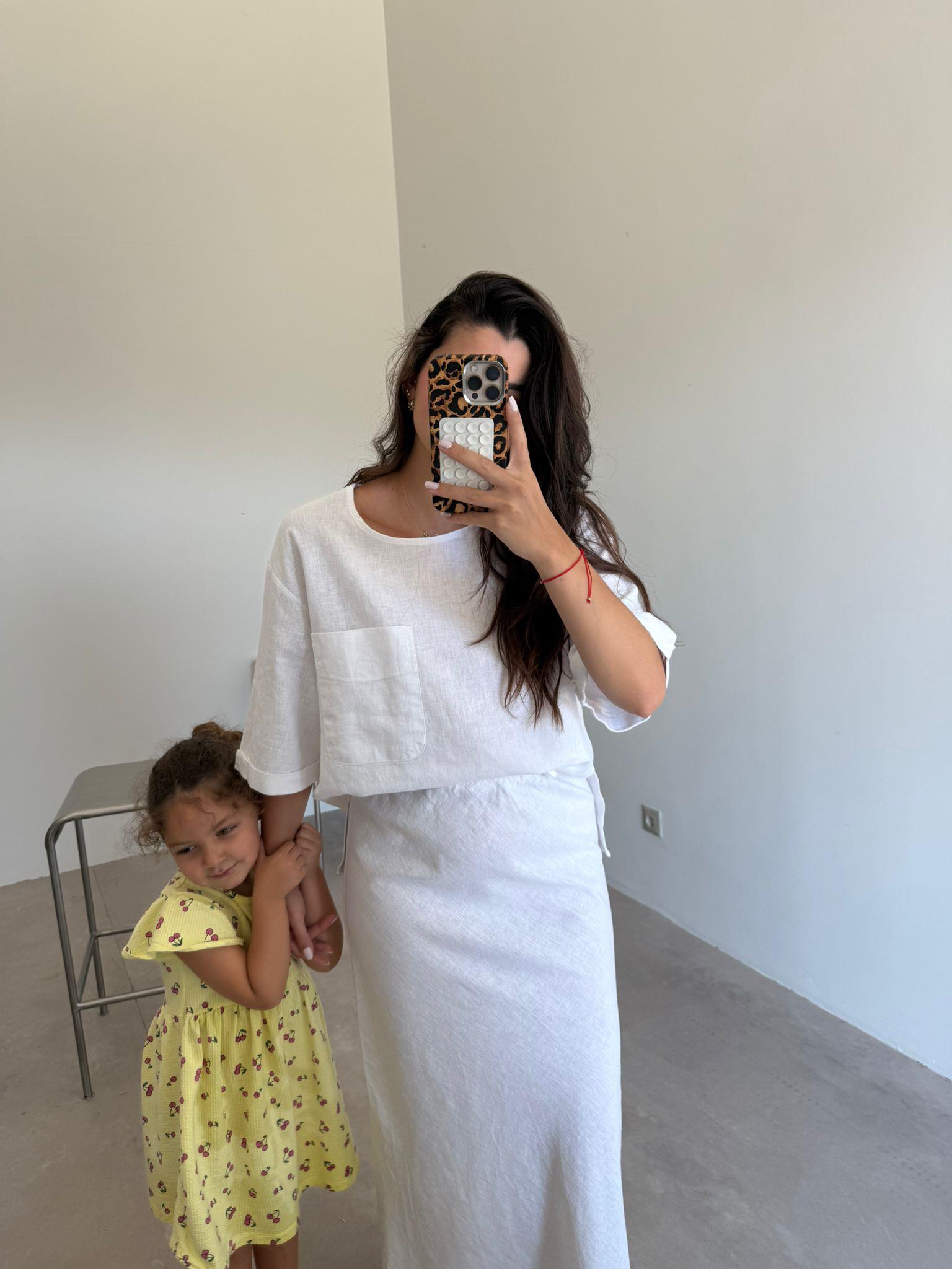 Ekru Cep Detaylı Etekli Keten Takım