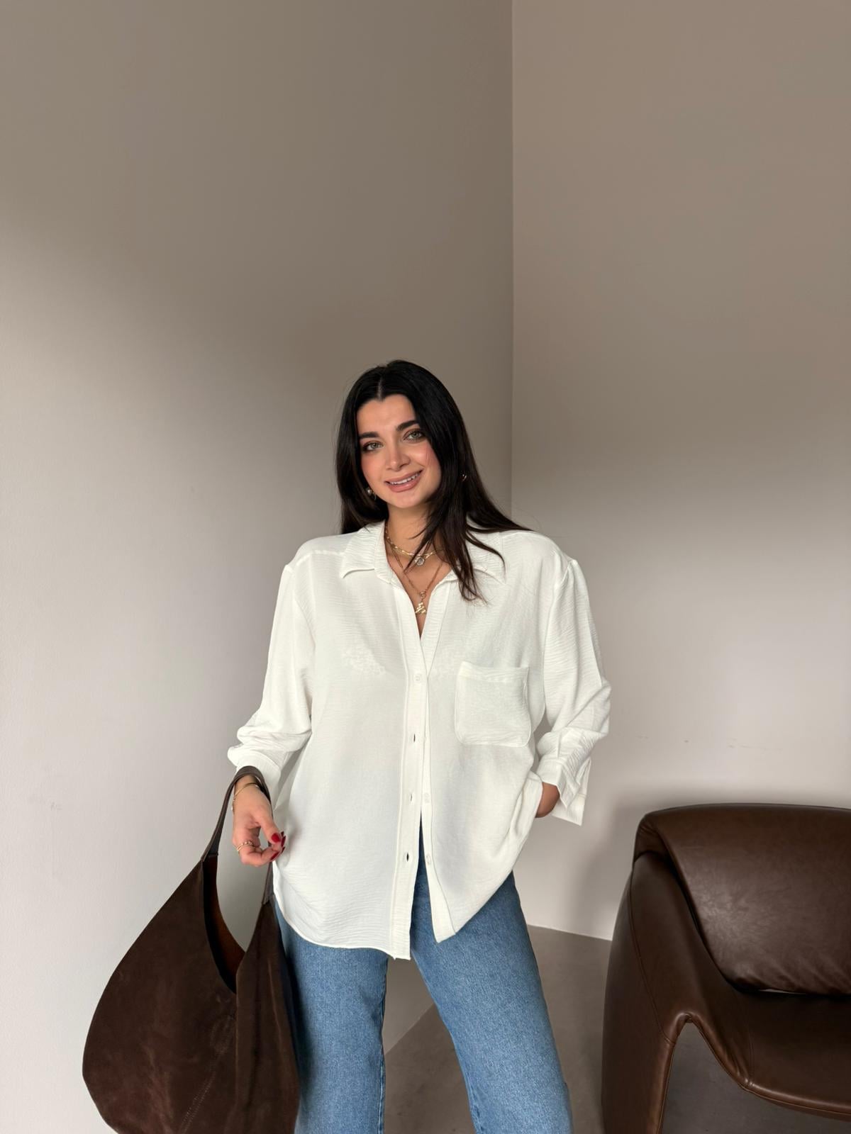 Ekru Cepli Oversize Gömlek
