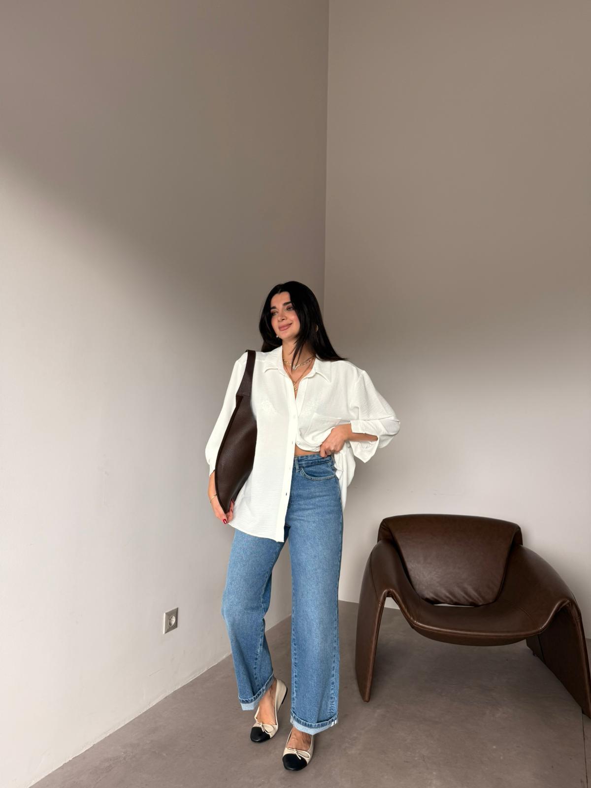 Ekru Cepli Oversize Gömlek