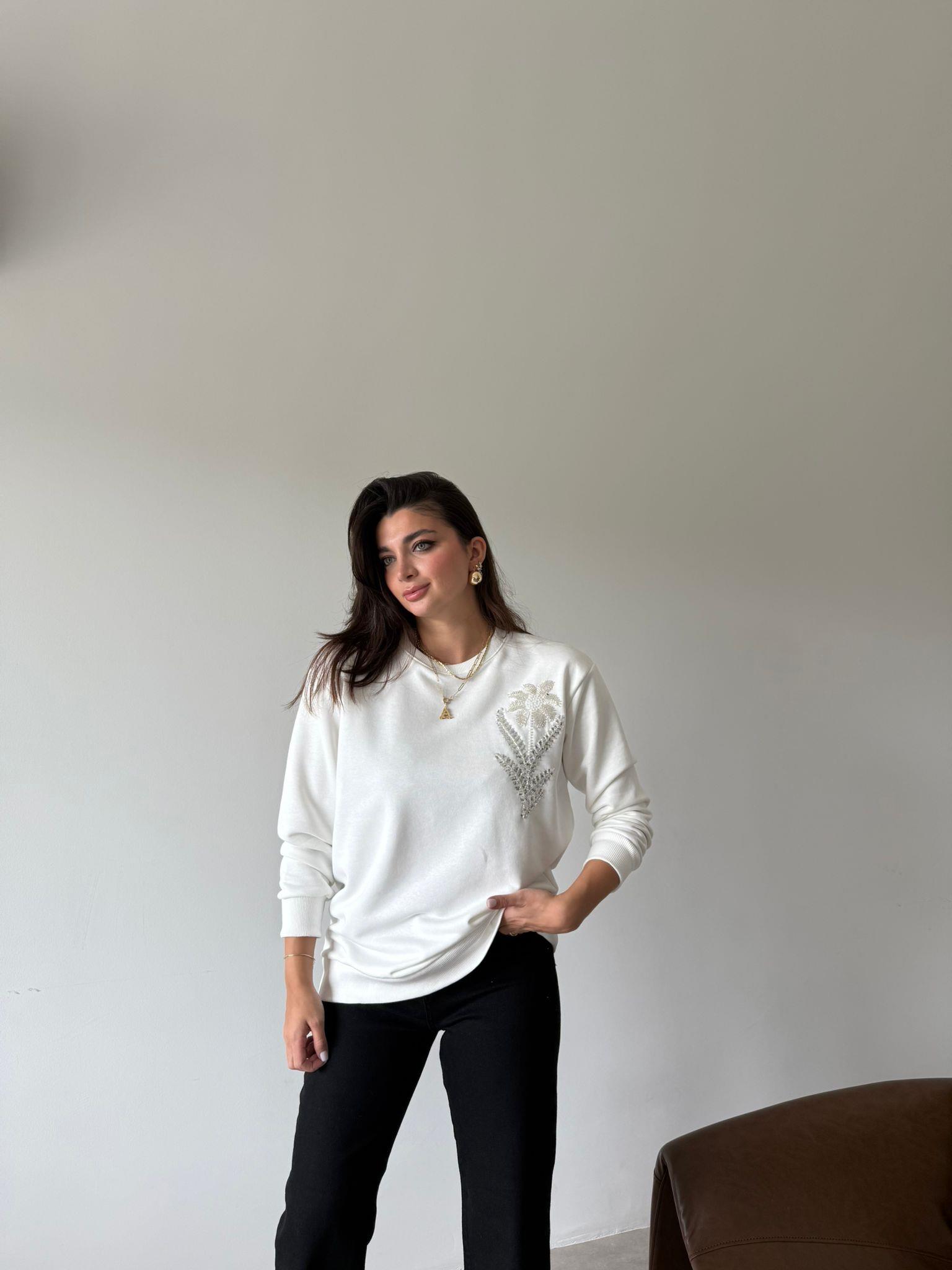 Ekru Çiçek İşlemeli Sweat