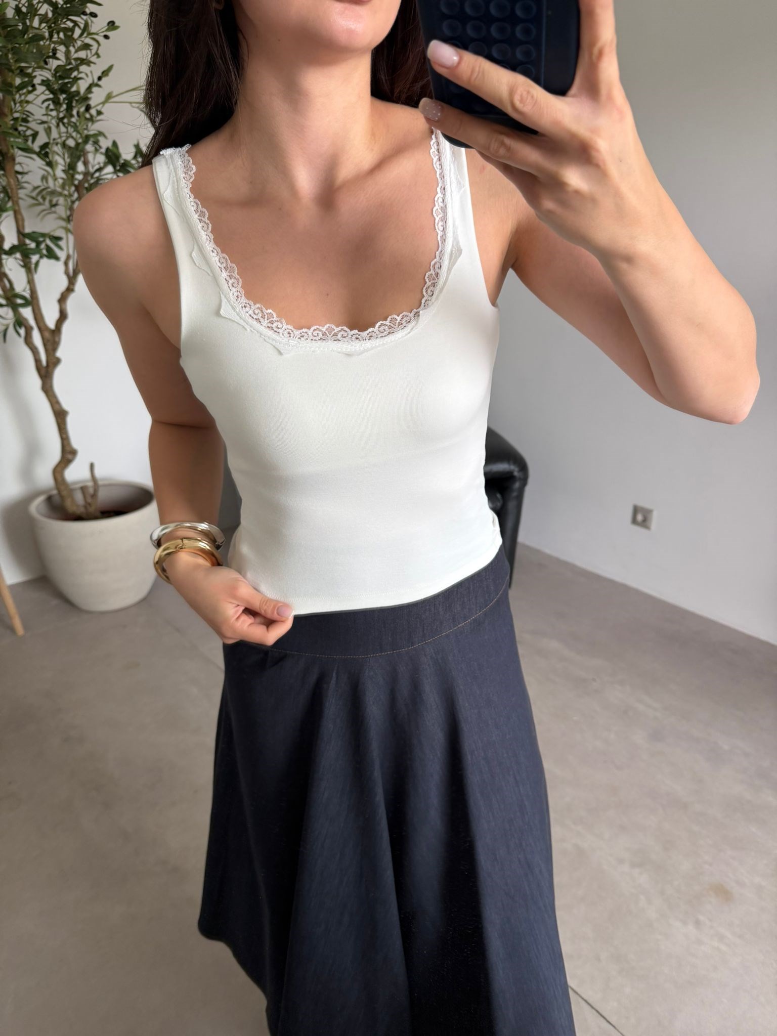 Ekru Dantelli Fitilli Crop (49cm)