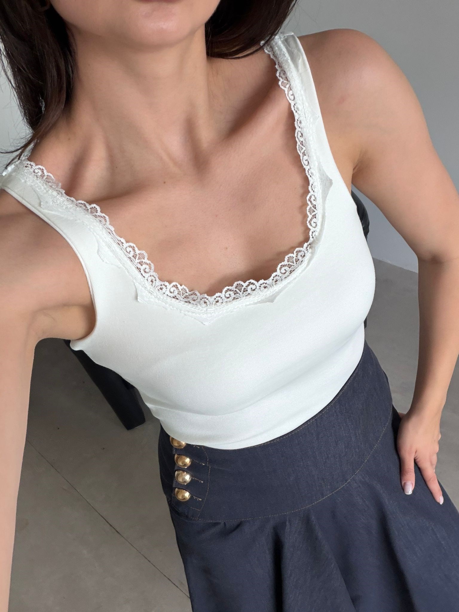 Ekru Dantelli Fitilli Crop (49cm)