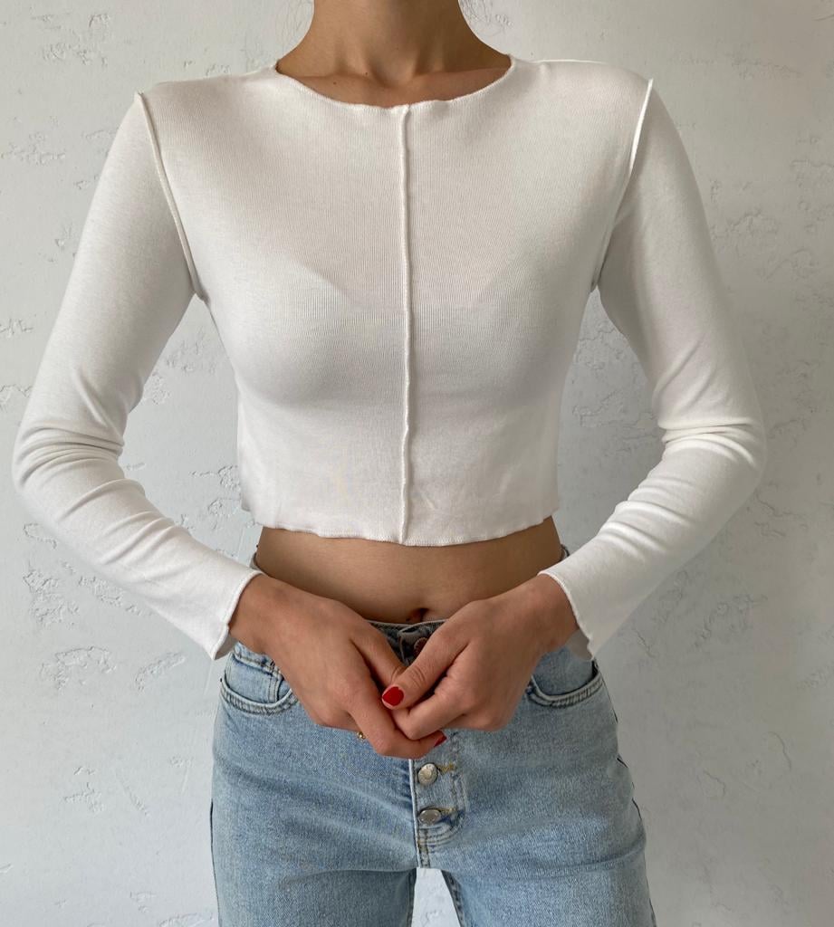 Ekru Dikiş Detaylı Crop Bluz