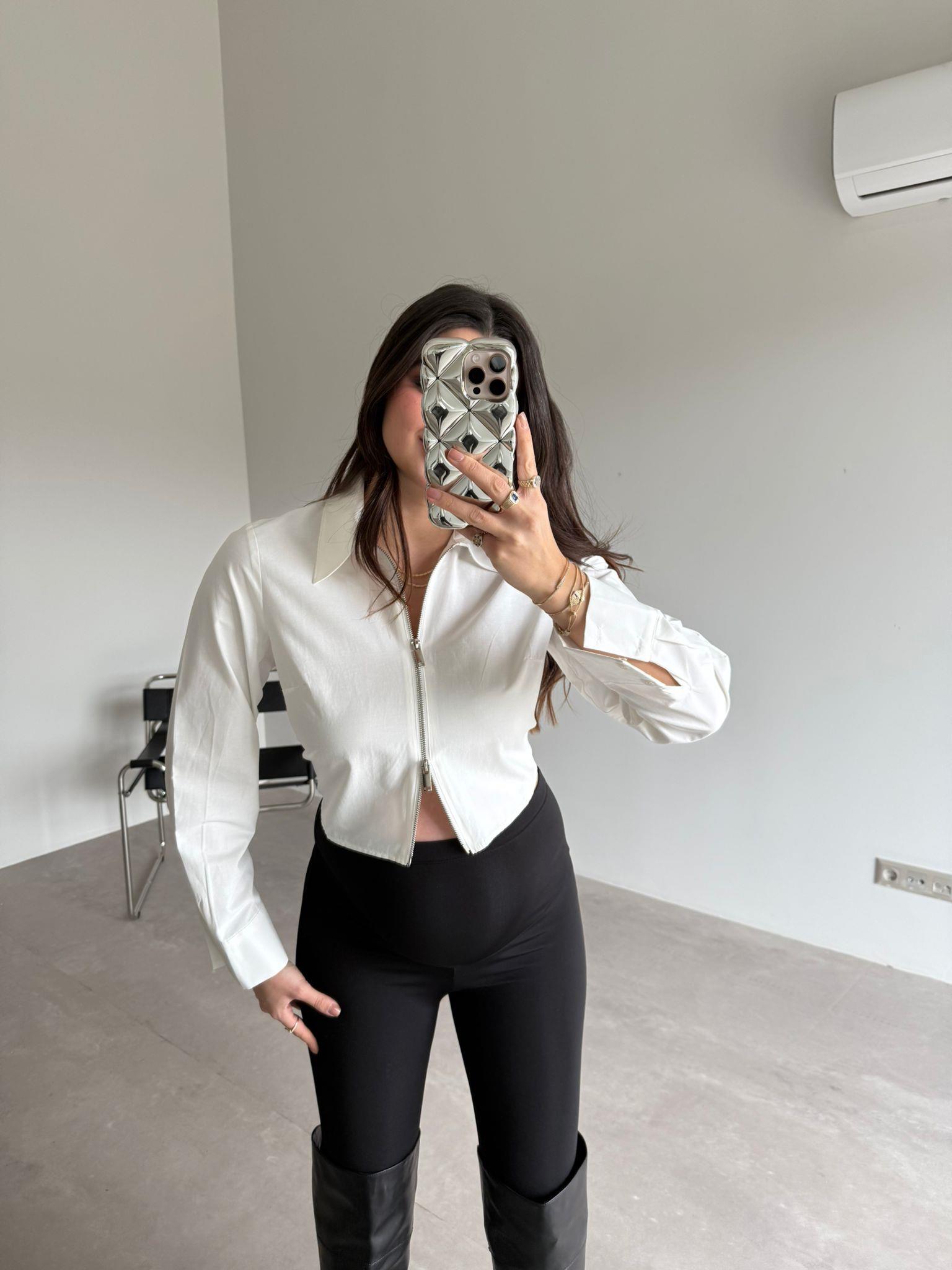 Ekru Fermuar Detaylı Cindy Gömlek