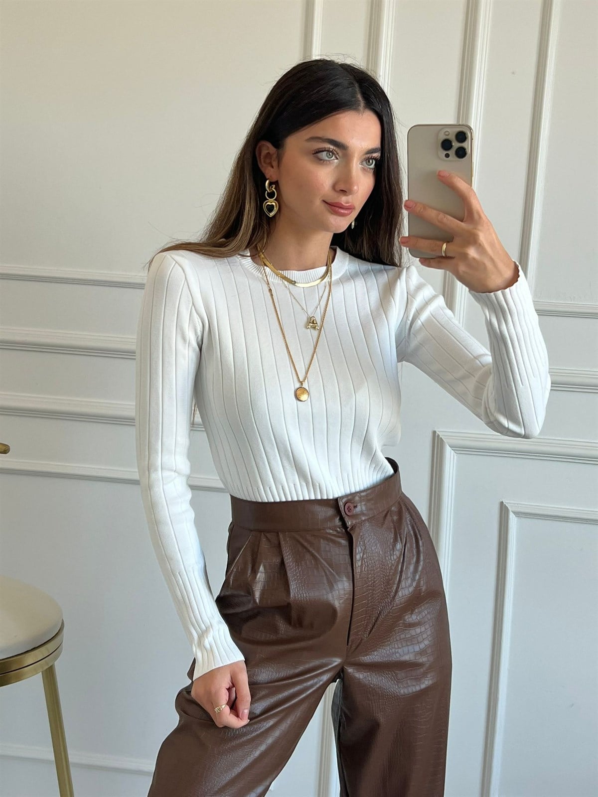 Ekru Fitilli Sıkı Örme Triko Bluz