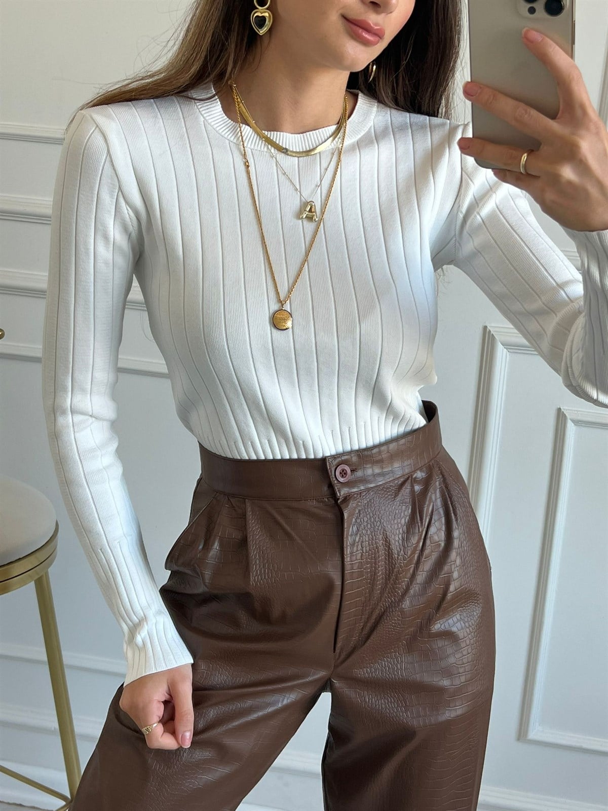 Ekru Fitilli Sıkı Örme Triko Bluz