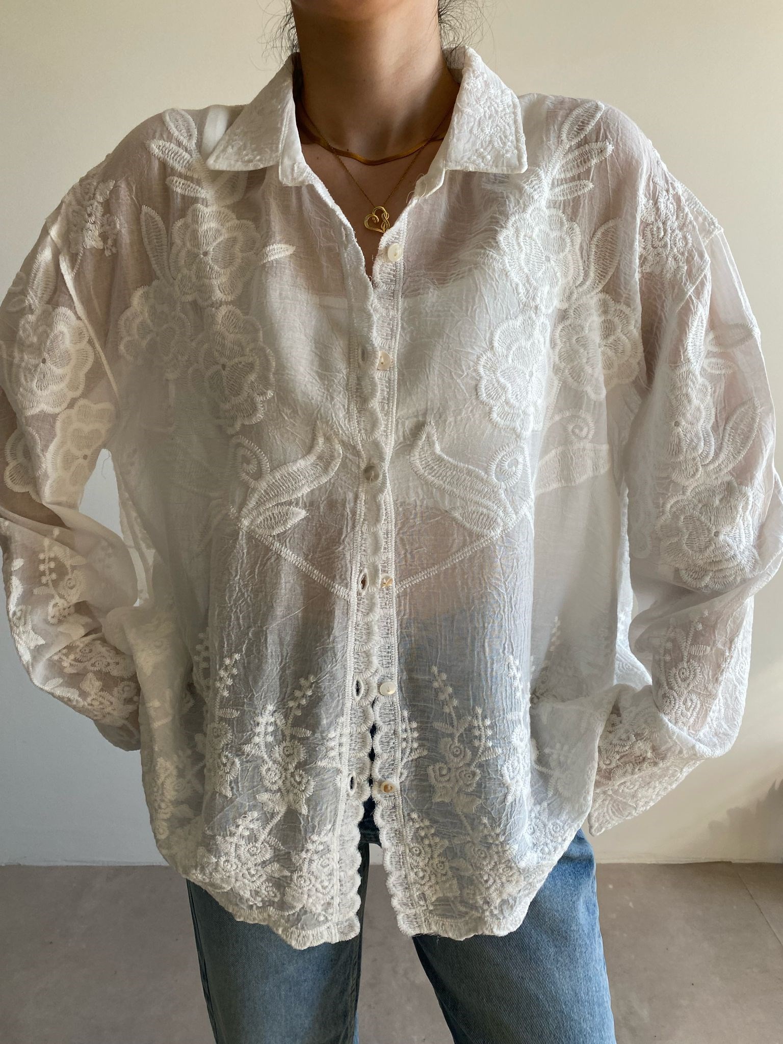 Ekru Flower Oversize Gömlek