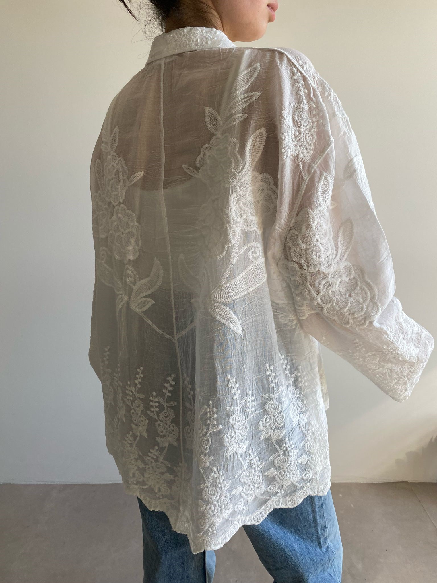 Ekru Flower Oversize Gömlek