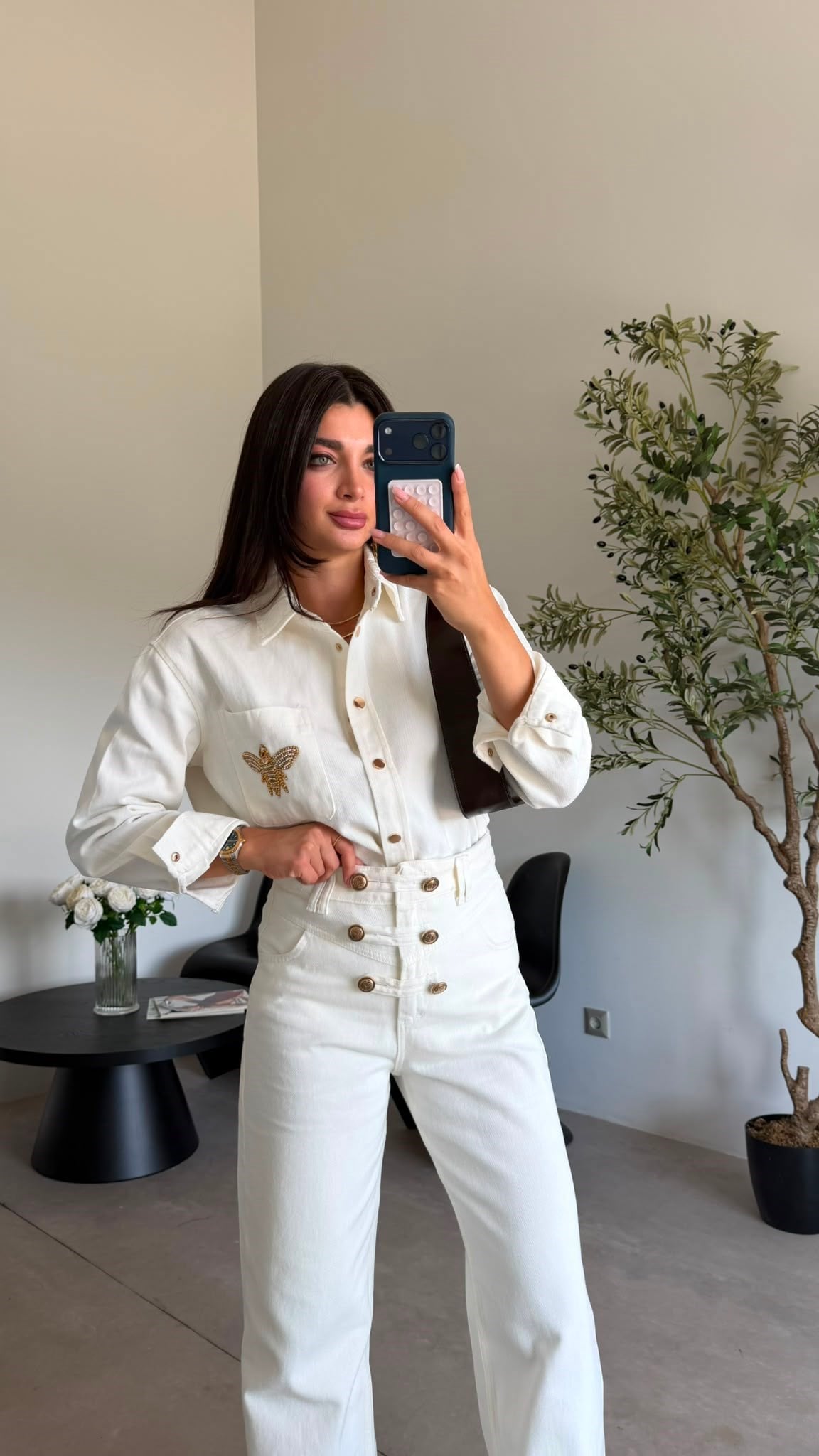Ekru Gold Taş Detaylı Gömlek 
