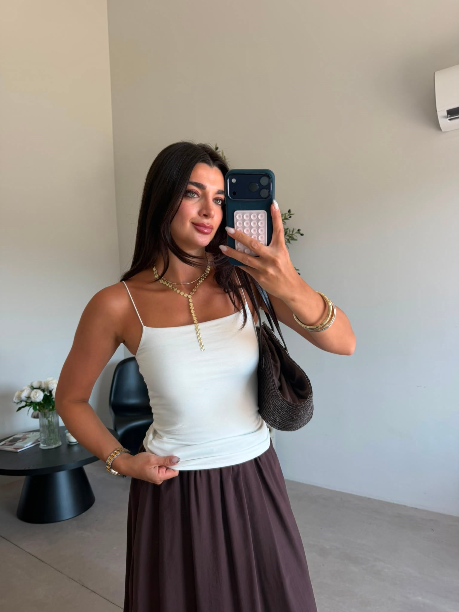 Ekru İp Askılı Uzun Tina Crop (51 cm)