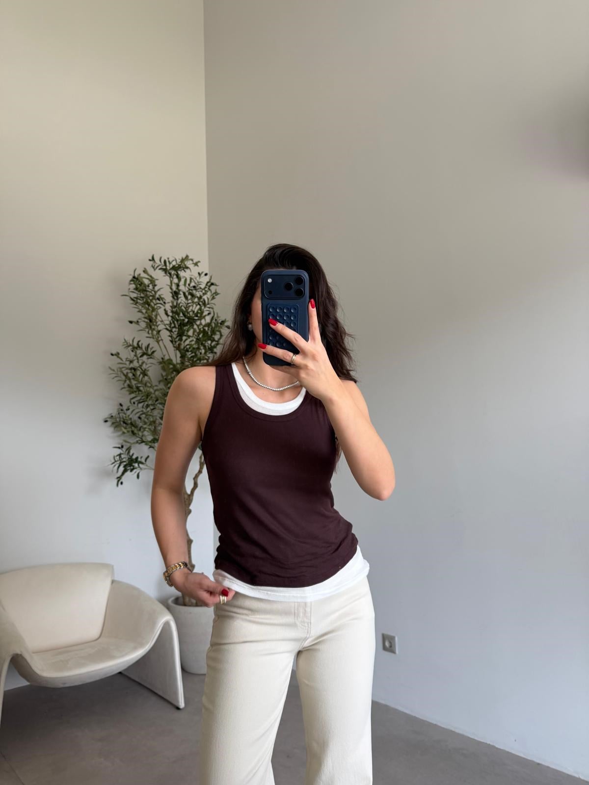 Ekru Kahve Çift Katlı Crop Bluz