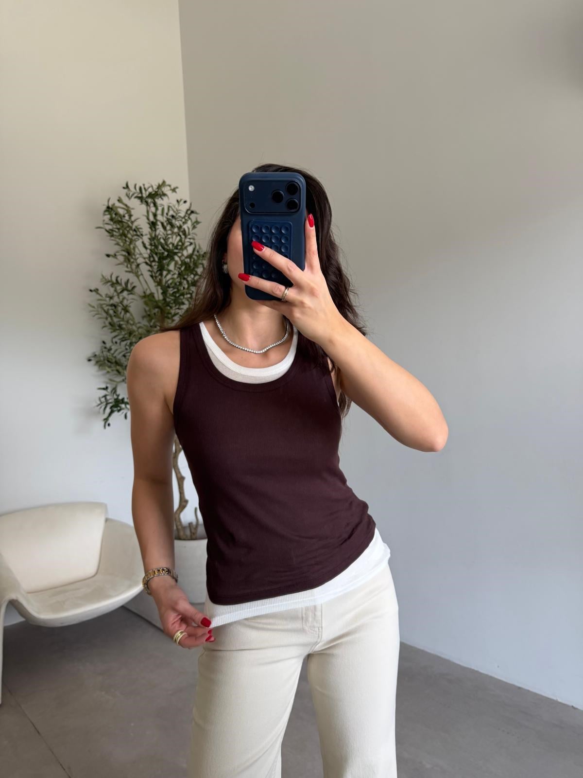 Ekru Kahve Çift Katlı Crop Bluz
