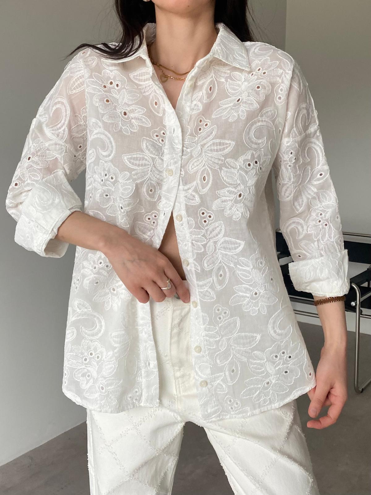 Ekru Kendinden Desenli Fisto Gömlek