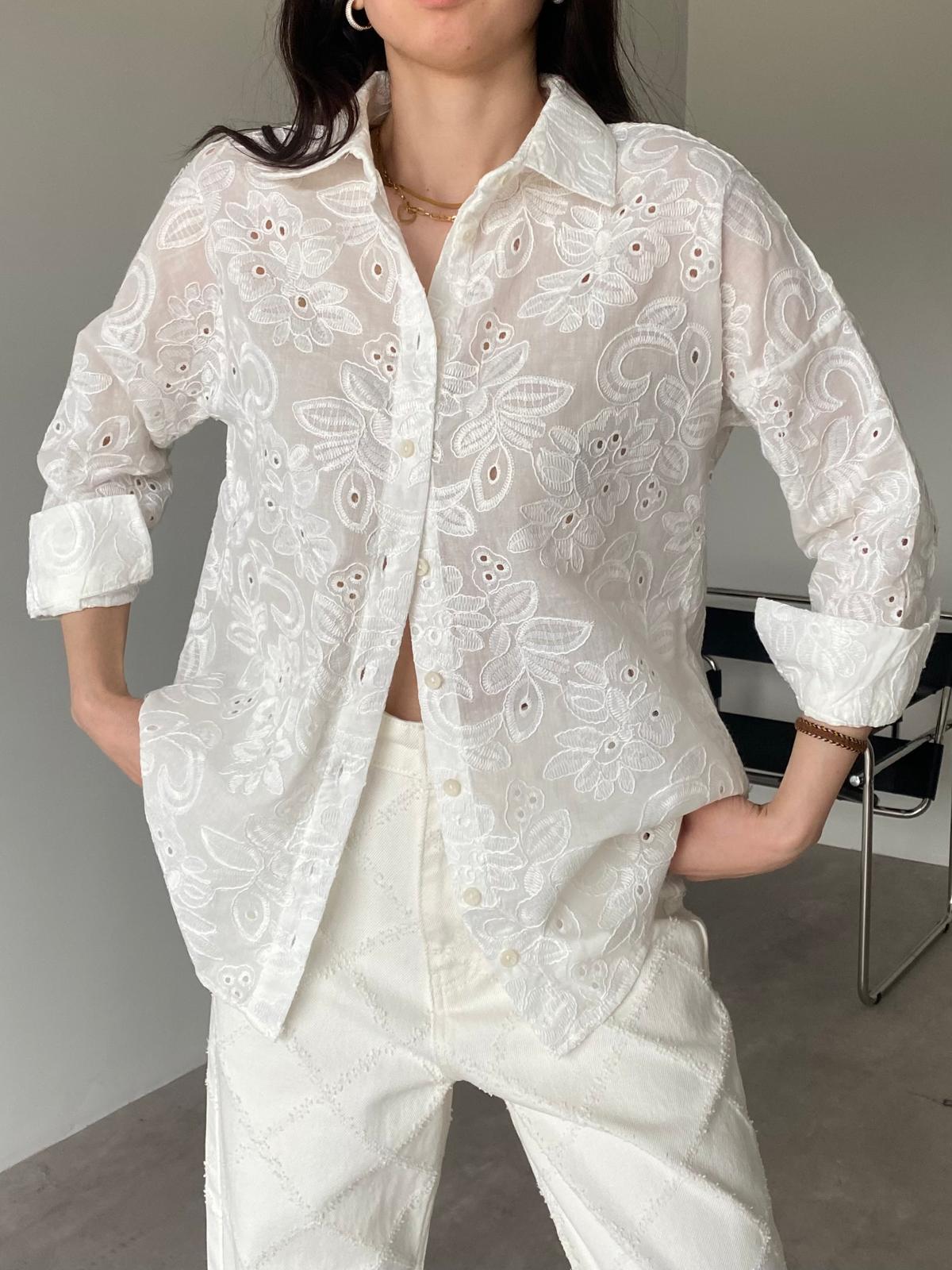 Ekru Kendinden Desenli Fisto Gömlek