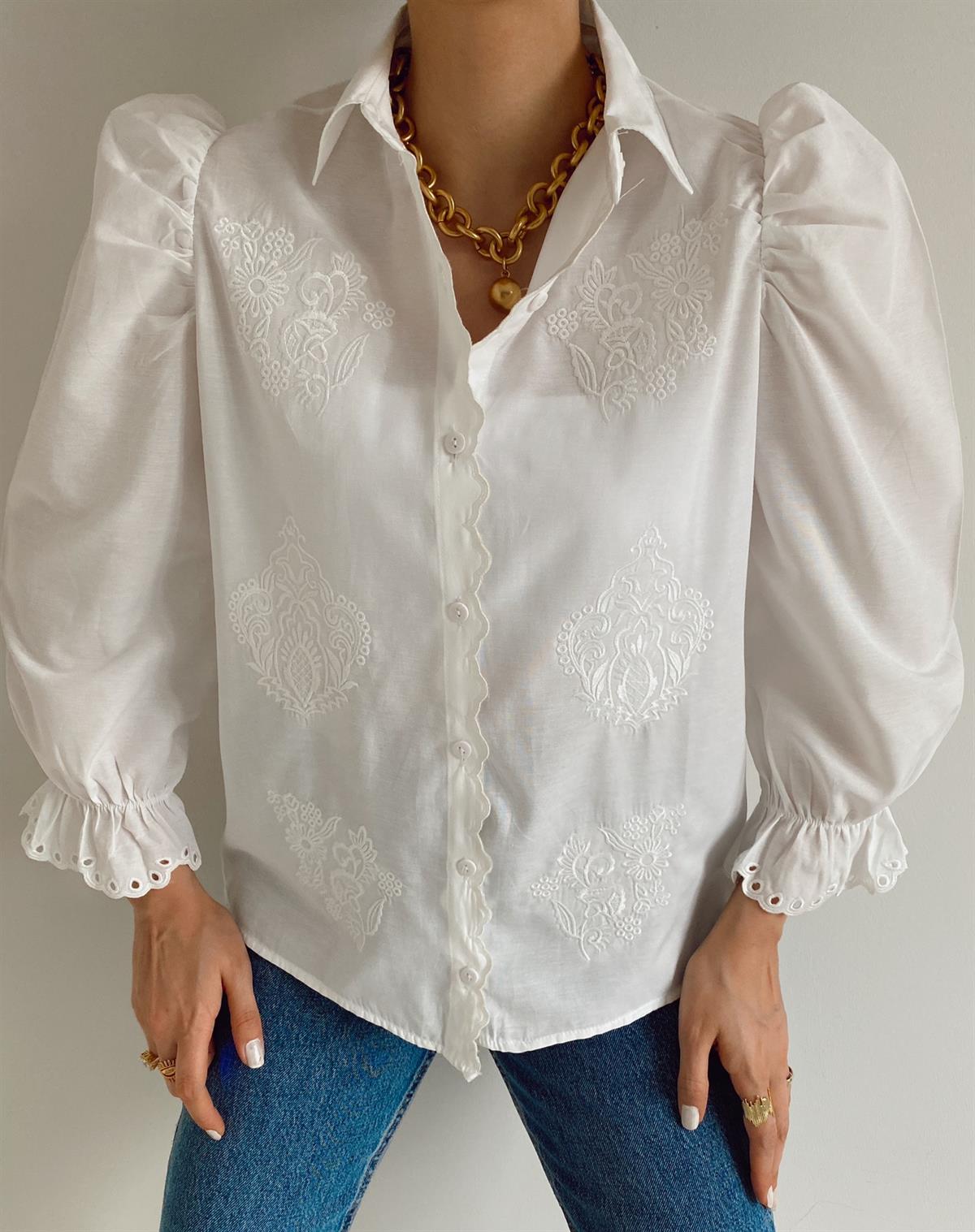 Ekru Kol Lastikli Çiçekli Bluz