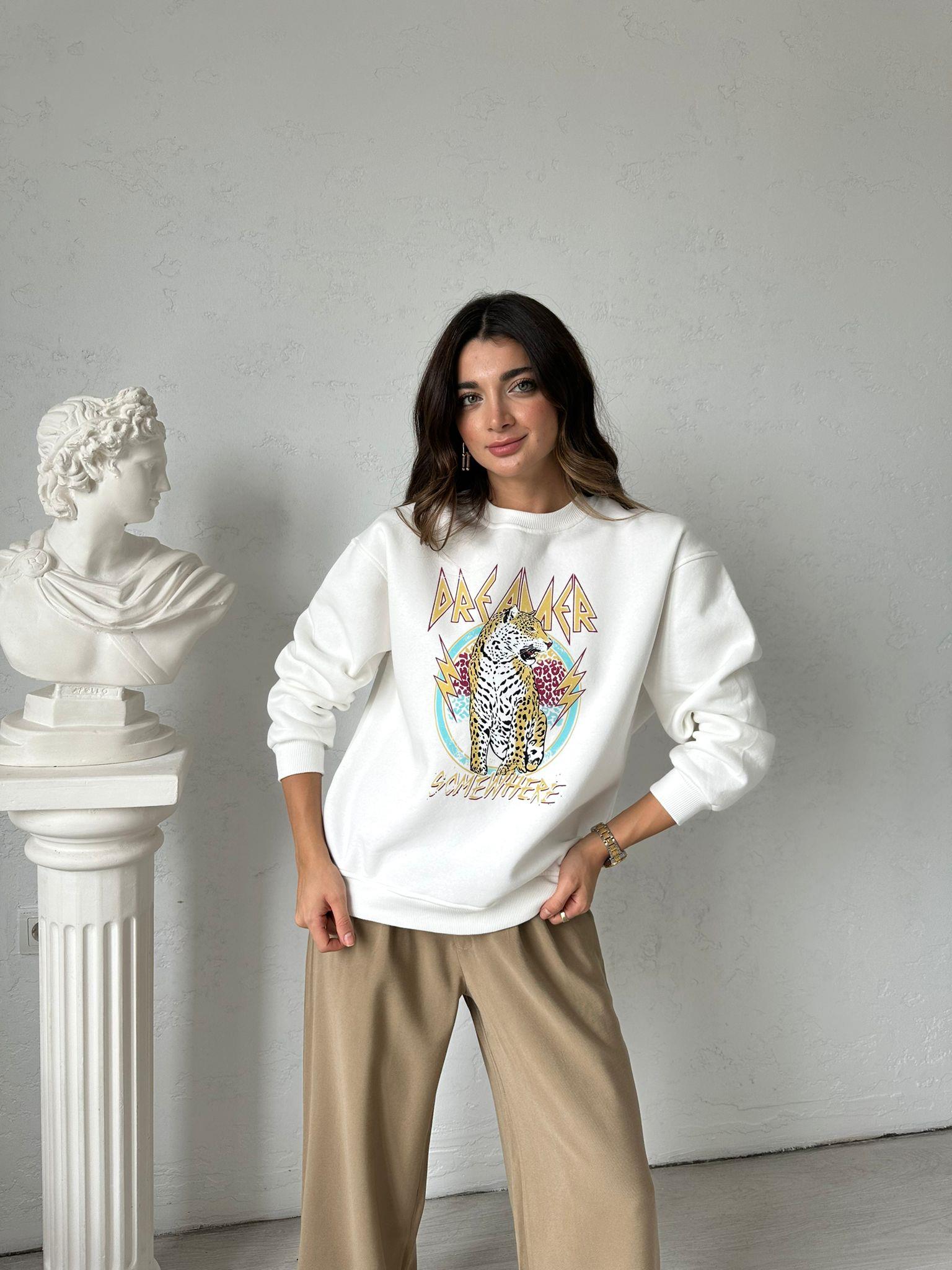 Ekru Leo Baskılı Sweat