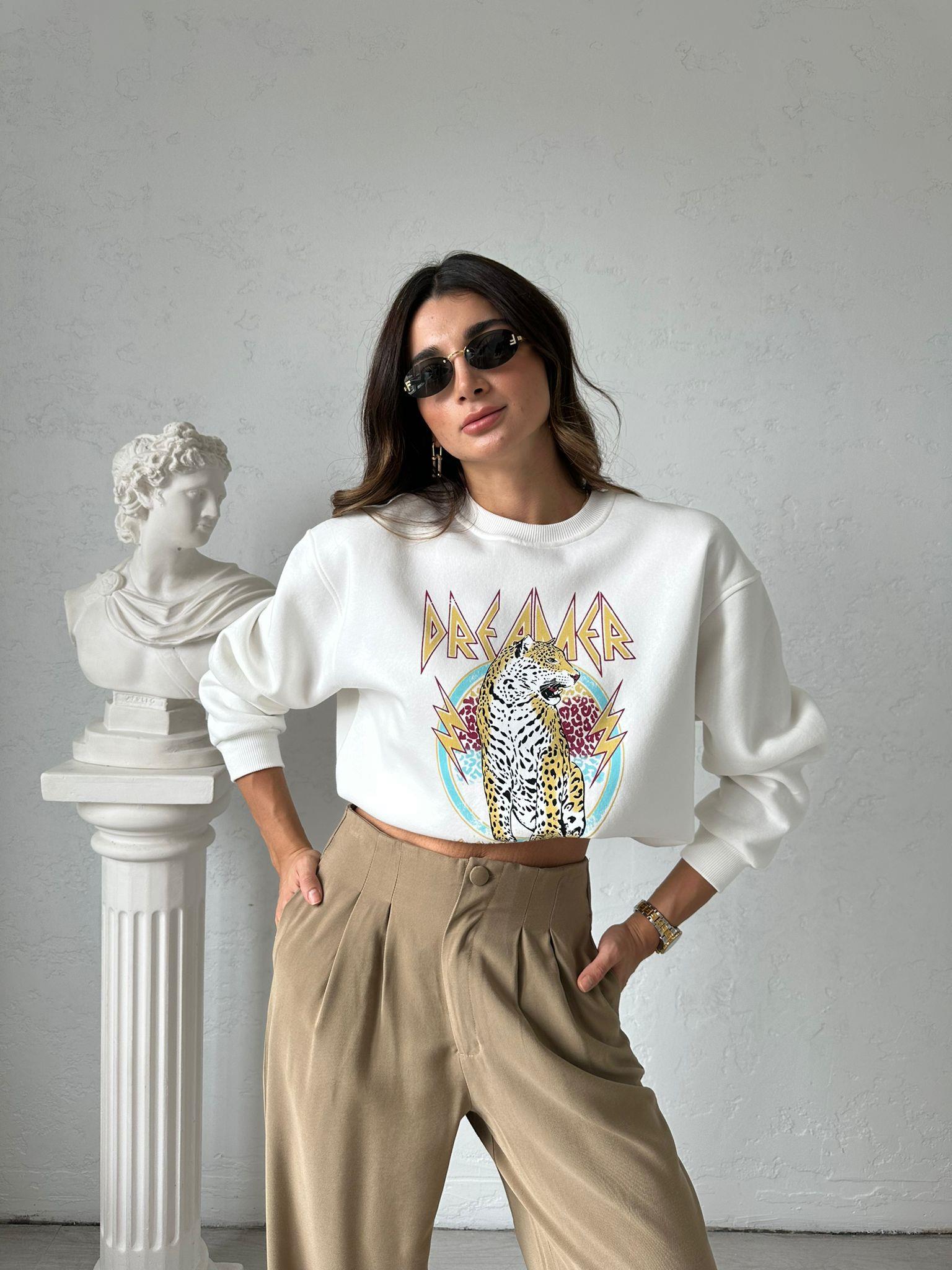 Ekru Leo Baskılı Sweat