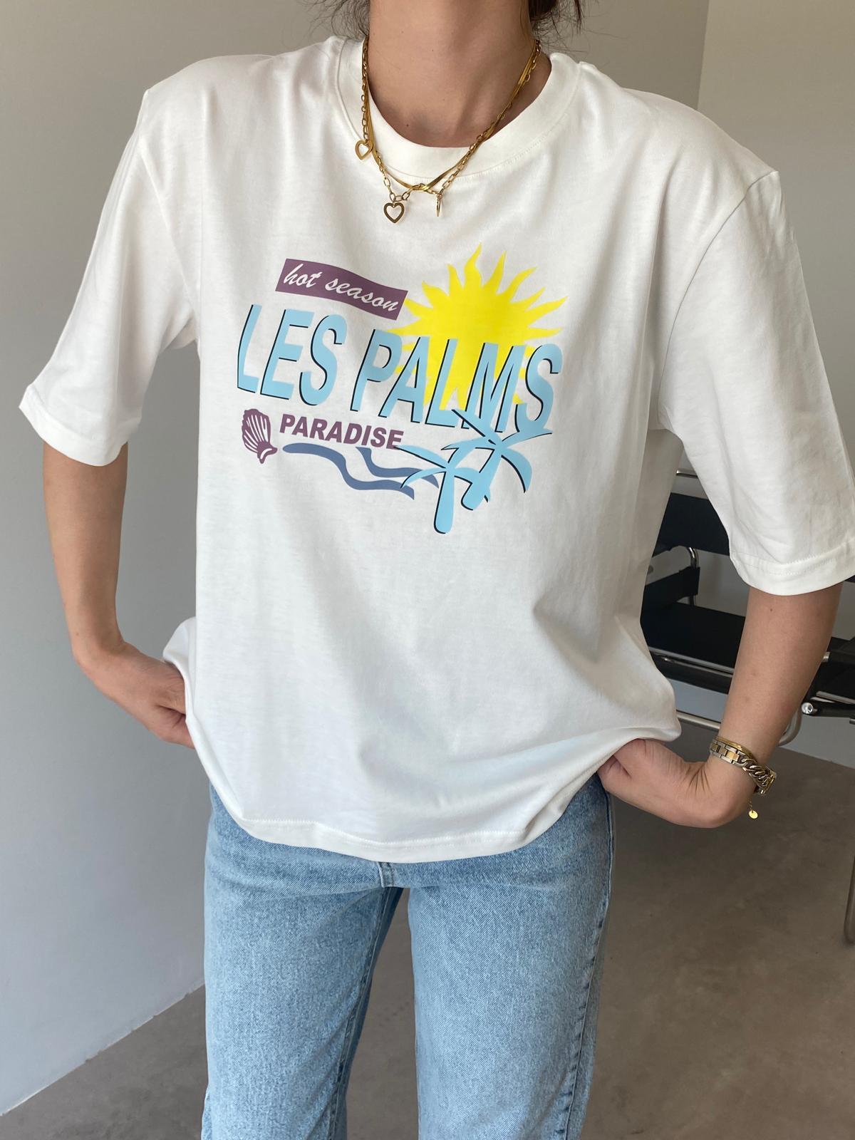 Ekru Les Palms Baskılı Tişört