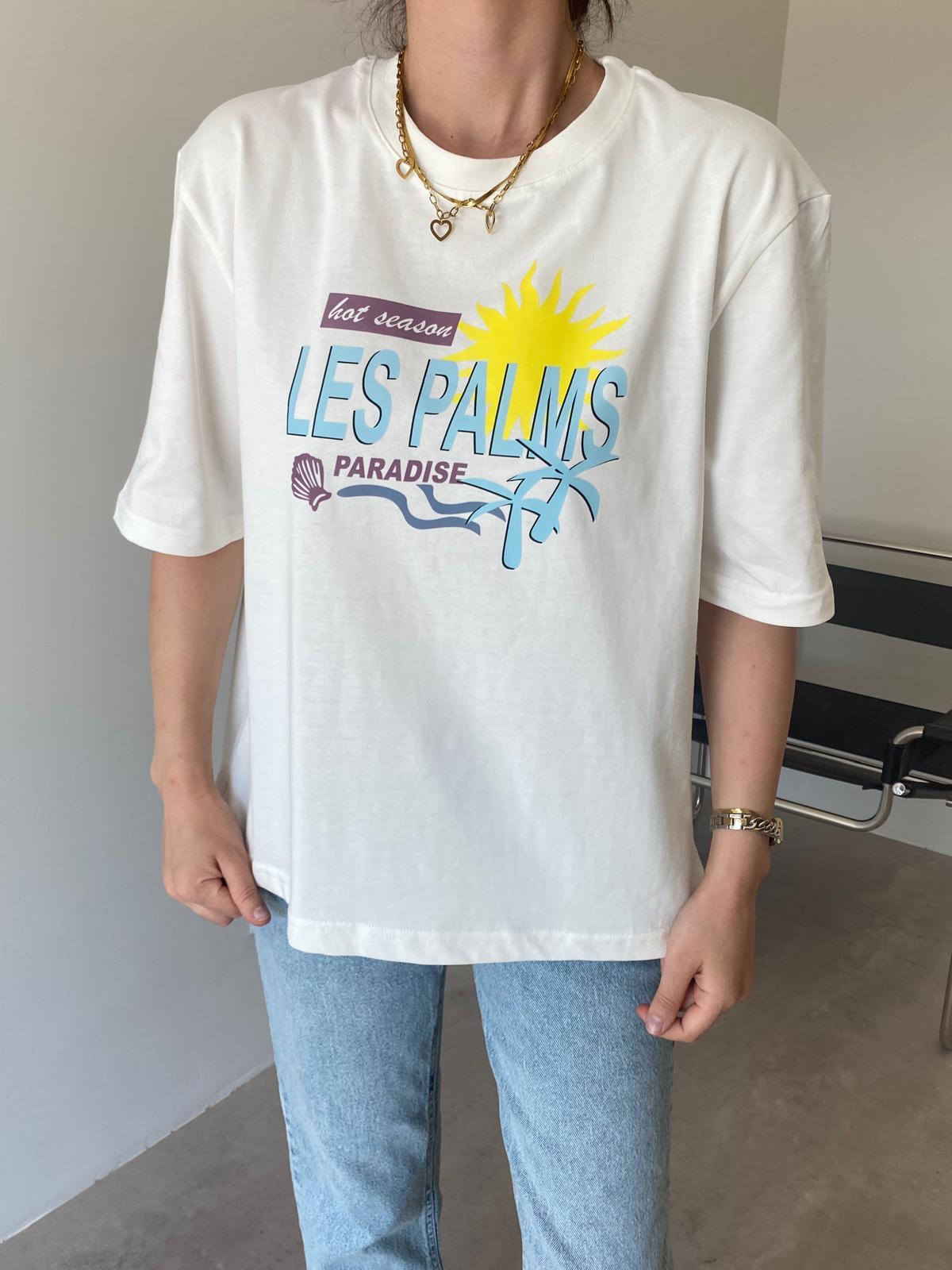Ekru Les Palms Baskılı Tişört