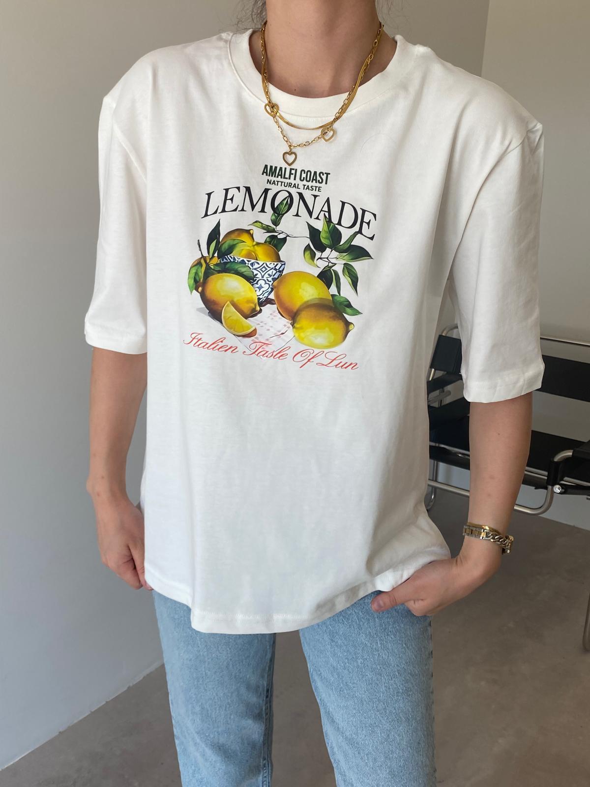 Ekru Limon Baskılı Bisiklet Yaka Tişört
