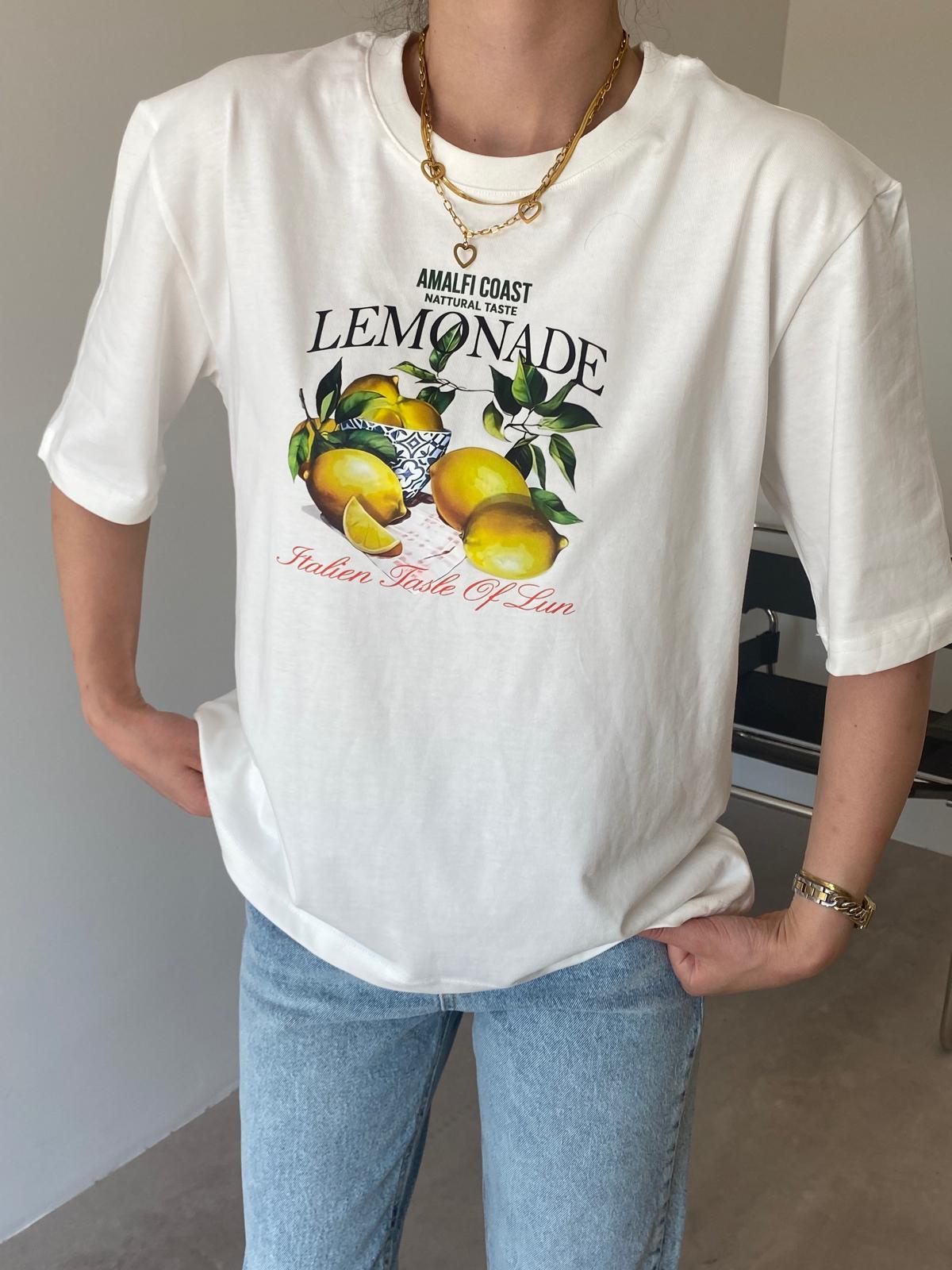 Ekru Limon Baskılı Bisiklet Yaka Tişört