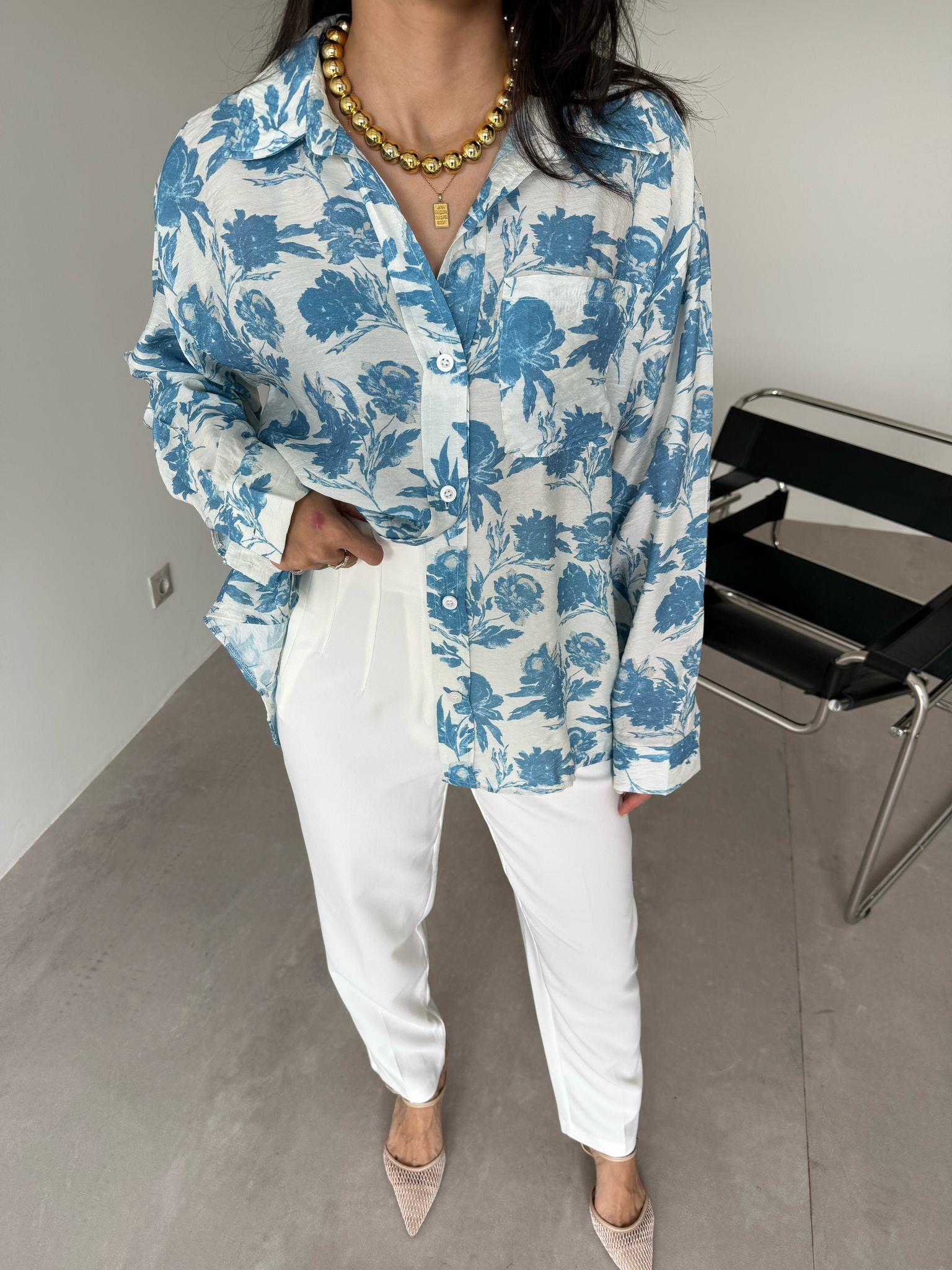 Ekru Mavi Çiçekli Gömlek