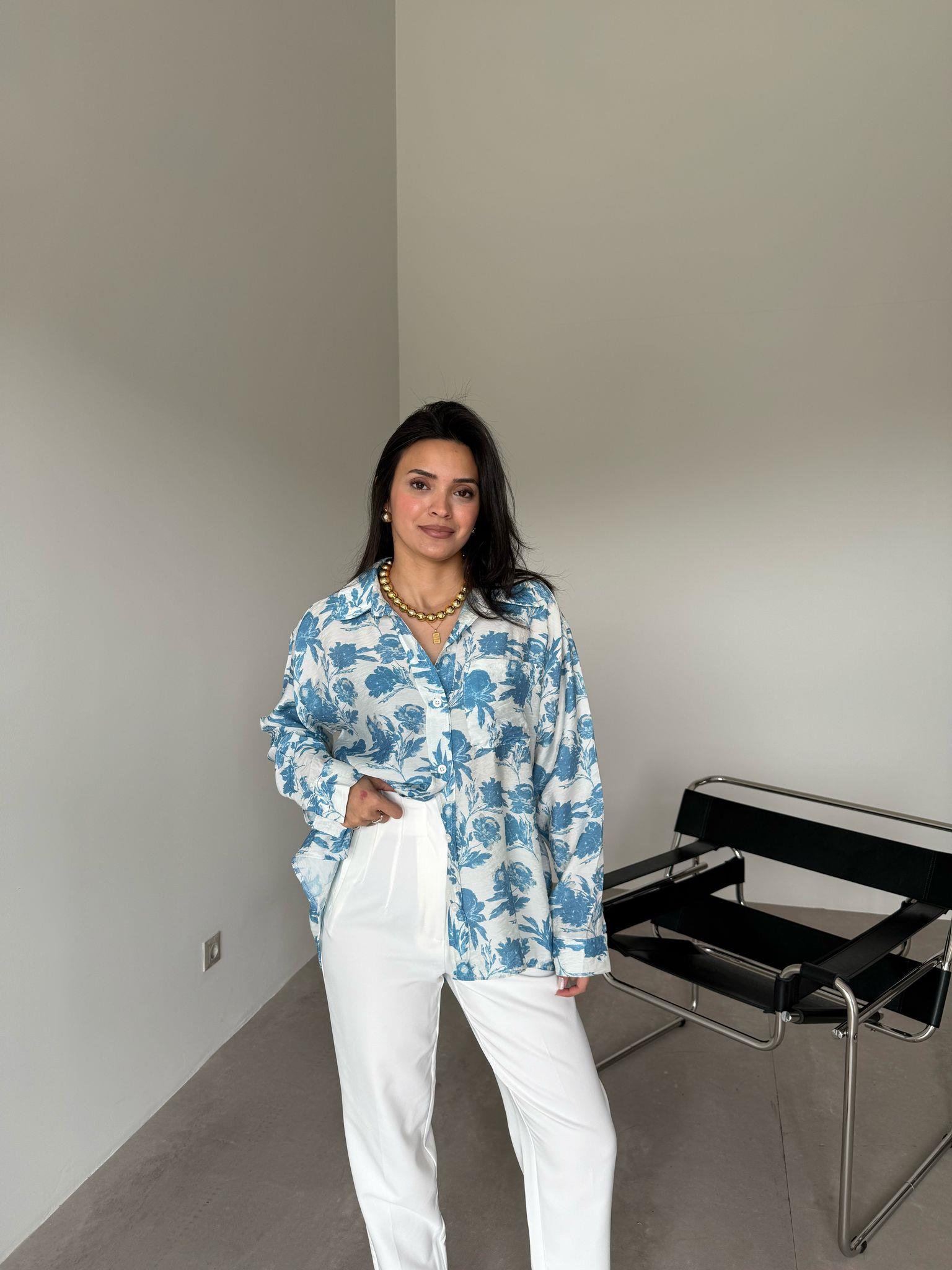 Ekru Mavi Çiçekli Gömlek