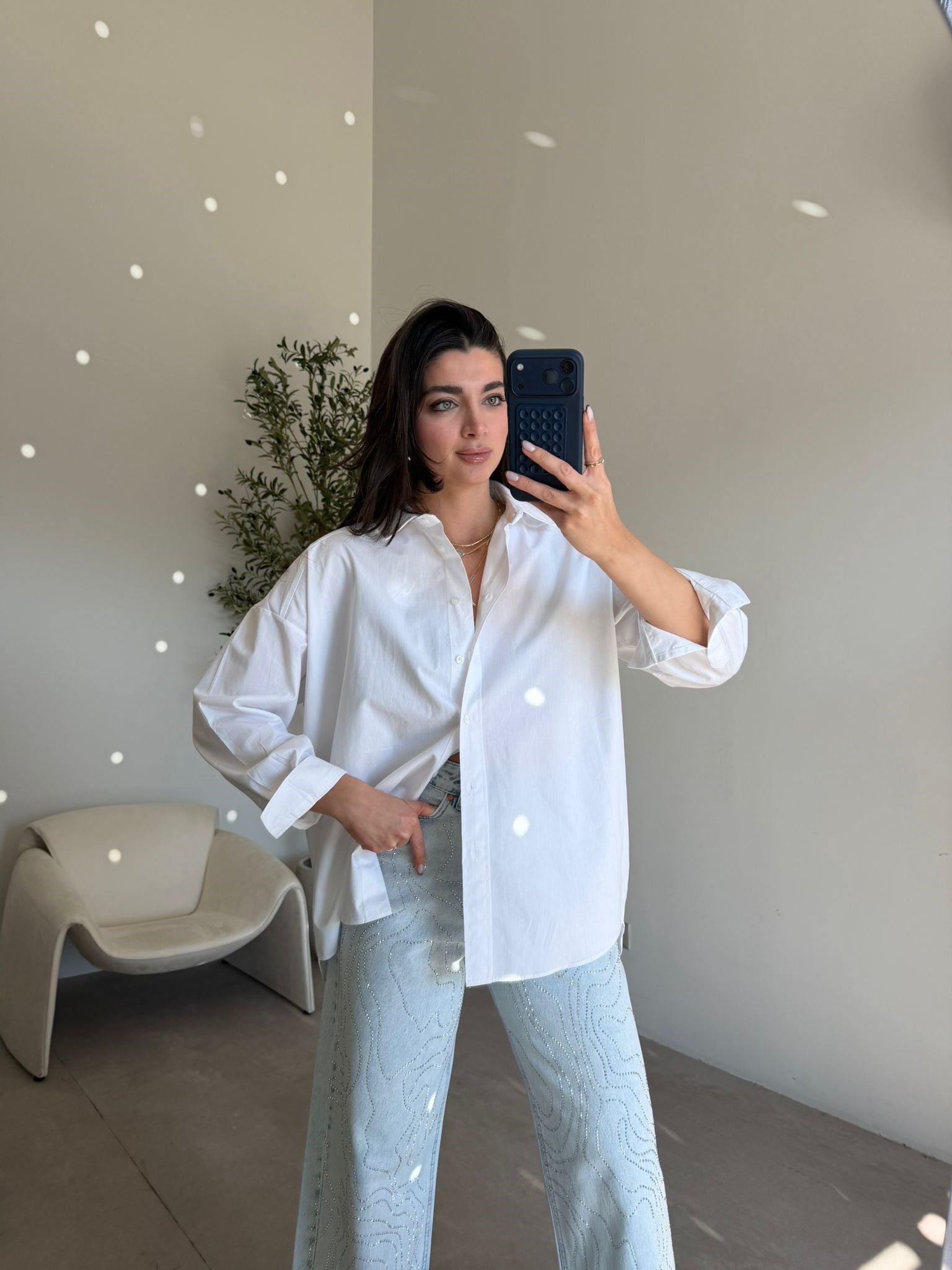 Ekru Oversize Basic Poplin Gömlek