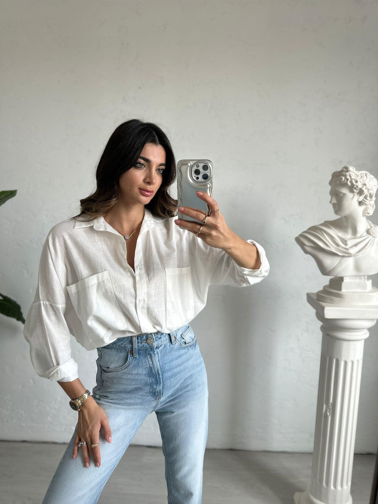 Ekru Oversize Lena Keten Gömlek 