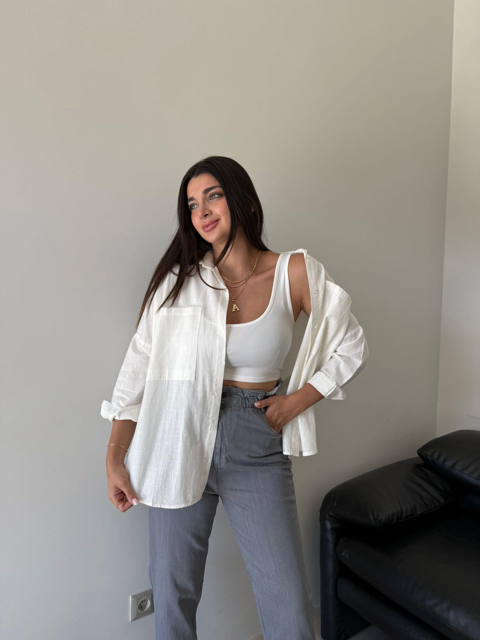 Ekru Oversize Lena Keten Gömlek 