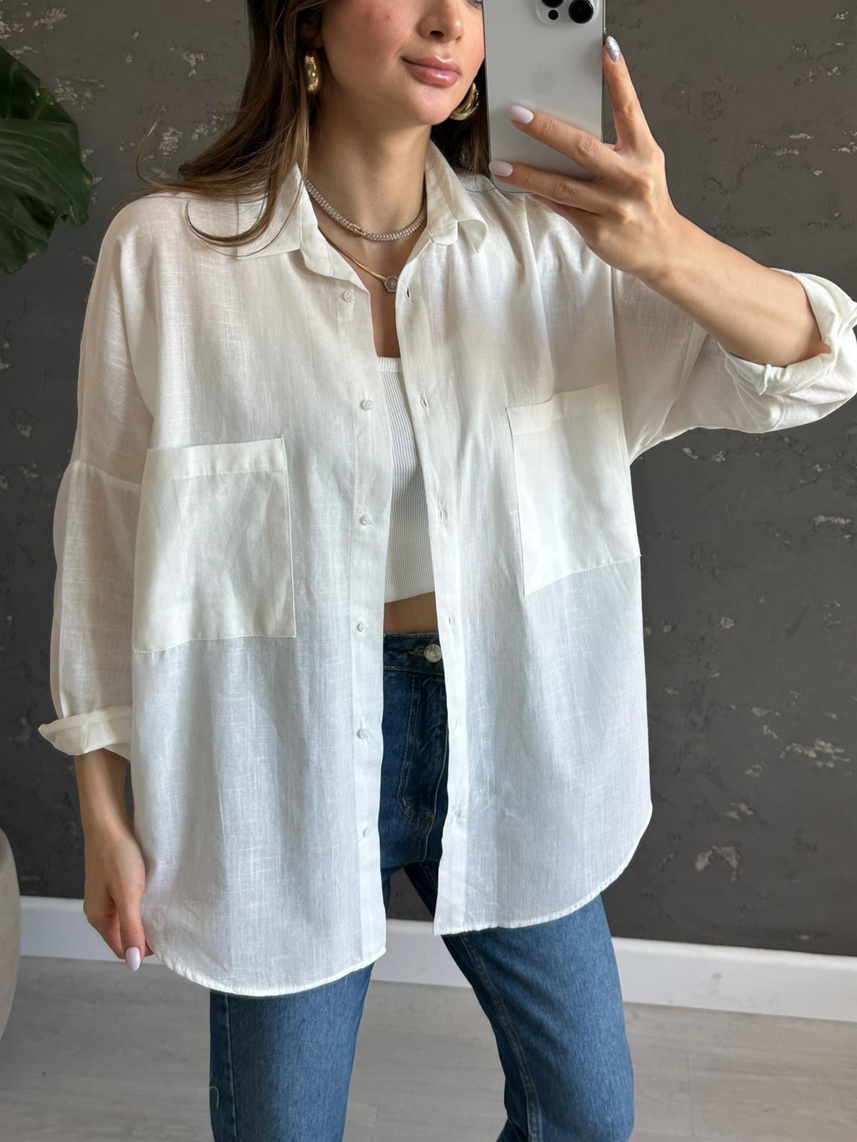 Ekru Oversize Lena Keten Gömlek 