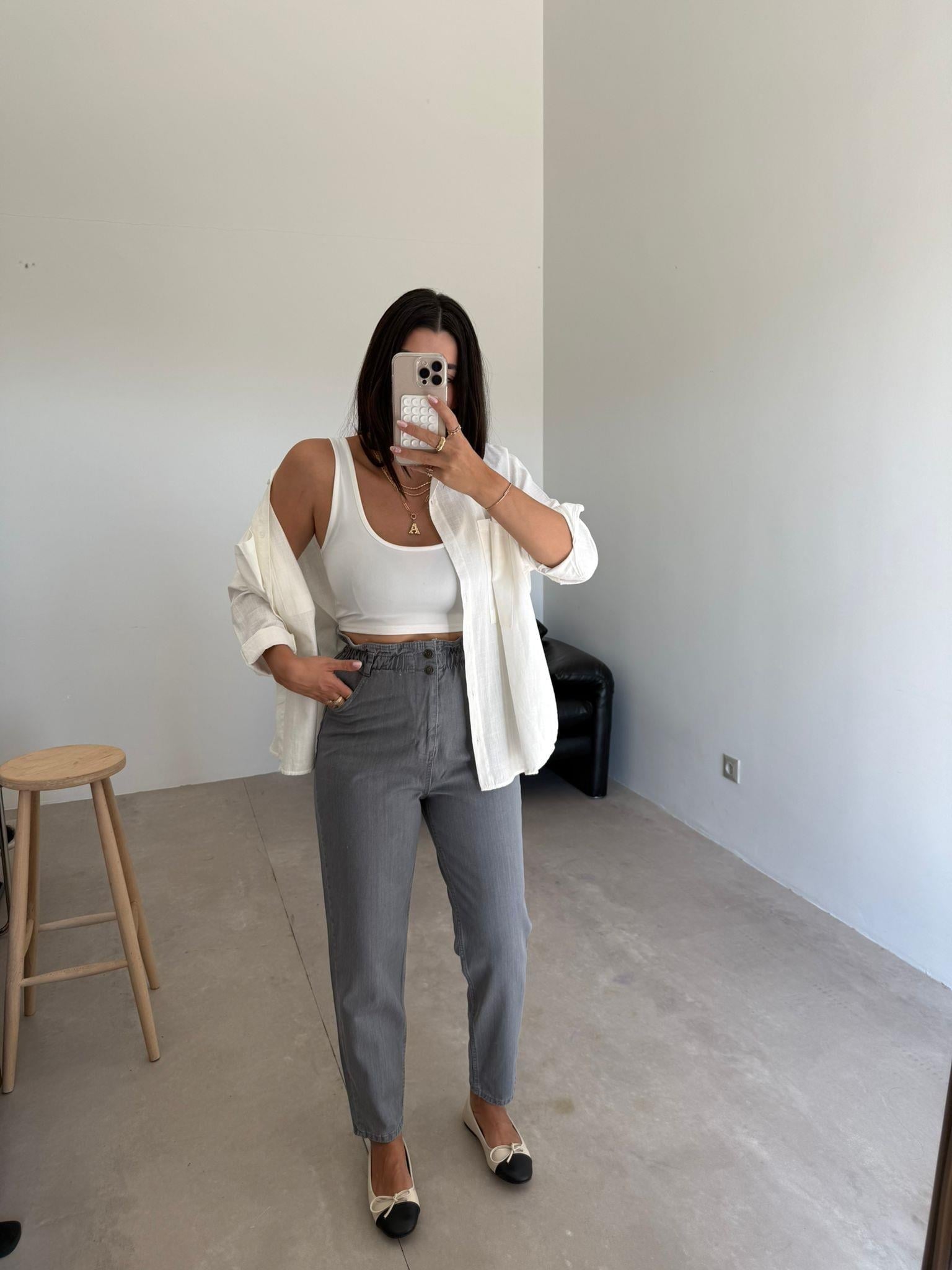 Ekru Oversize Lena Keten Gömlek