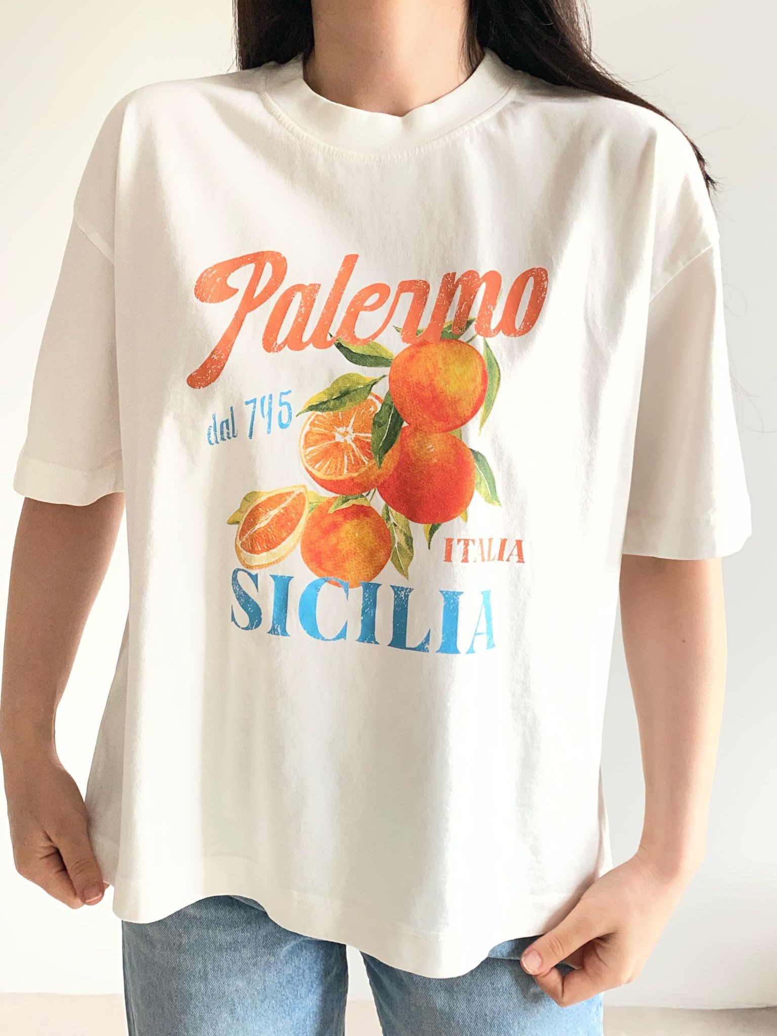 Ekru Palermo Baskılı Oversize Tişört