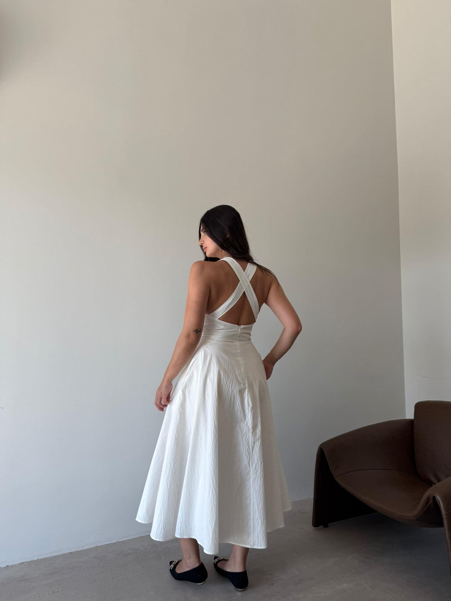 Ekru Sırt Detaylı Volanlı Elbise