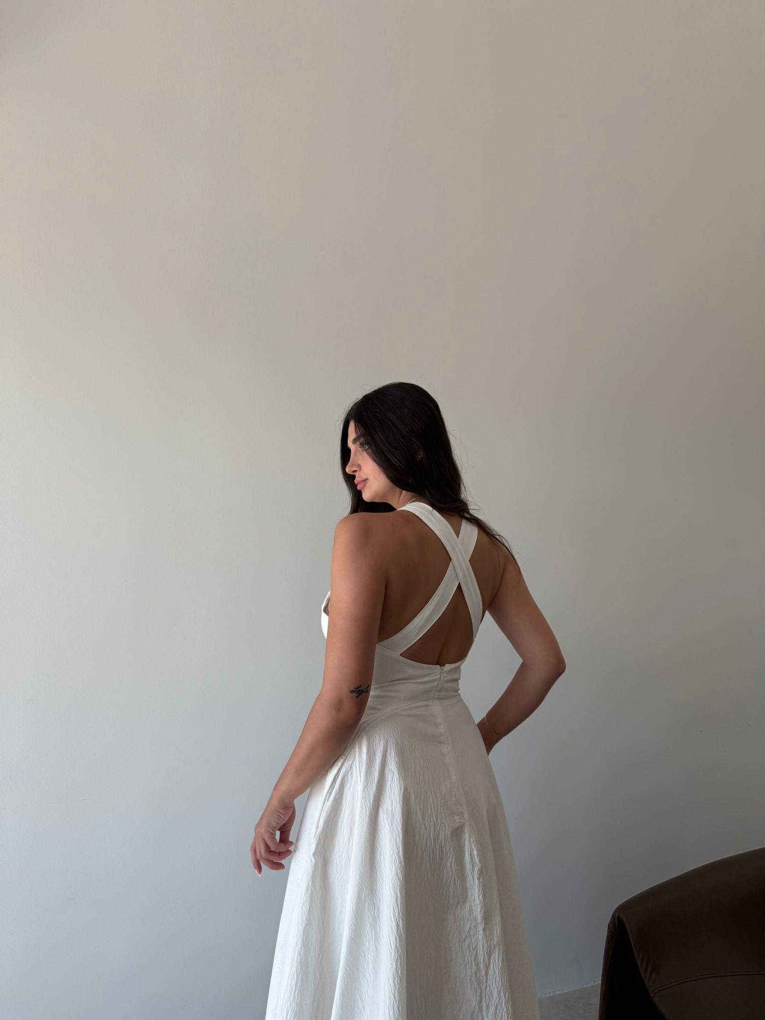 Ekru Sırt Detaylı Volanlı Elbise