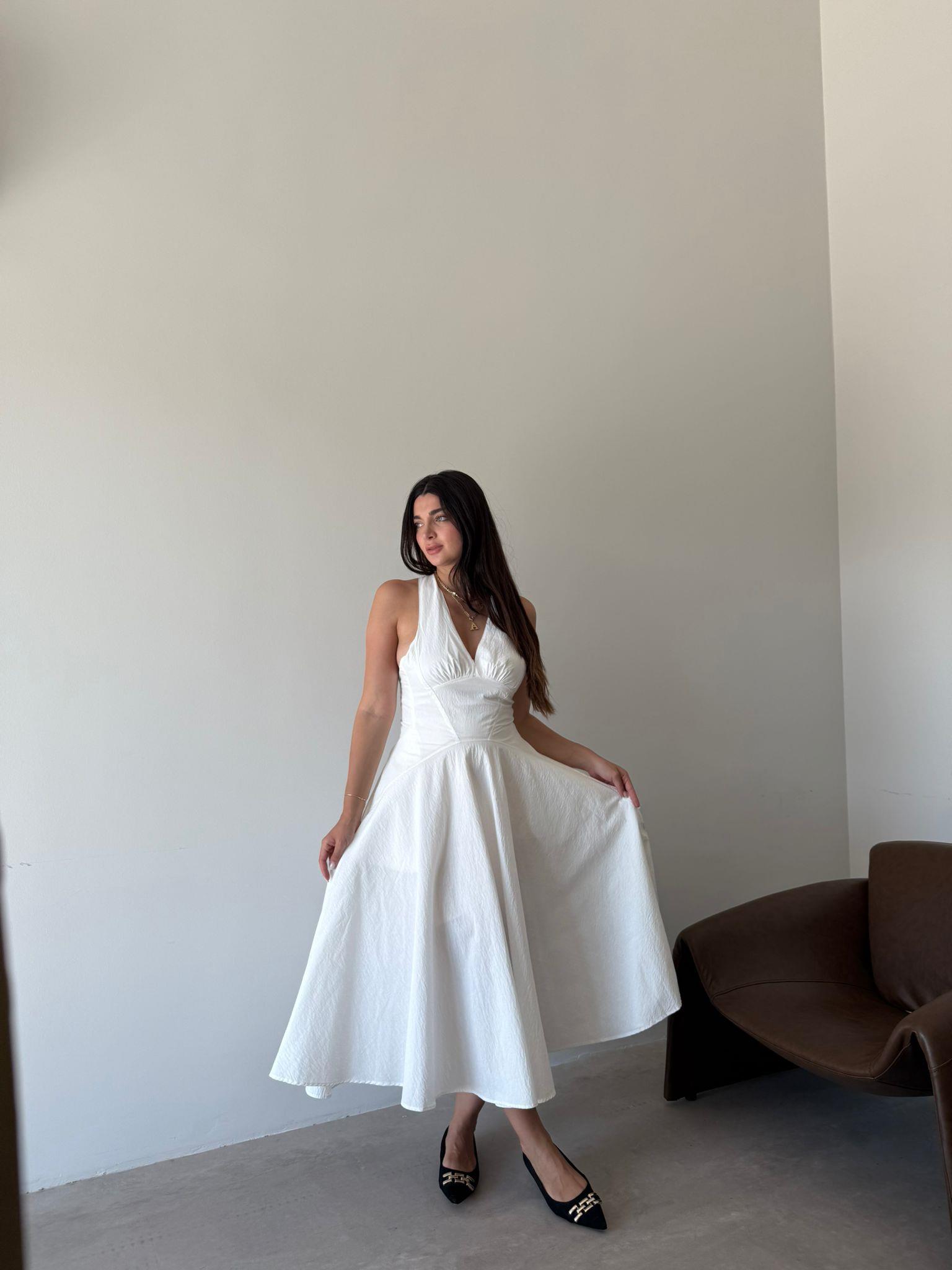 Ekru Sırt Detaylı Volanlı Elbise